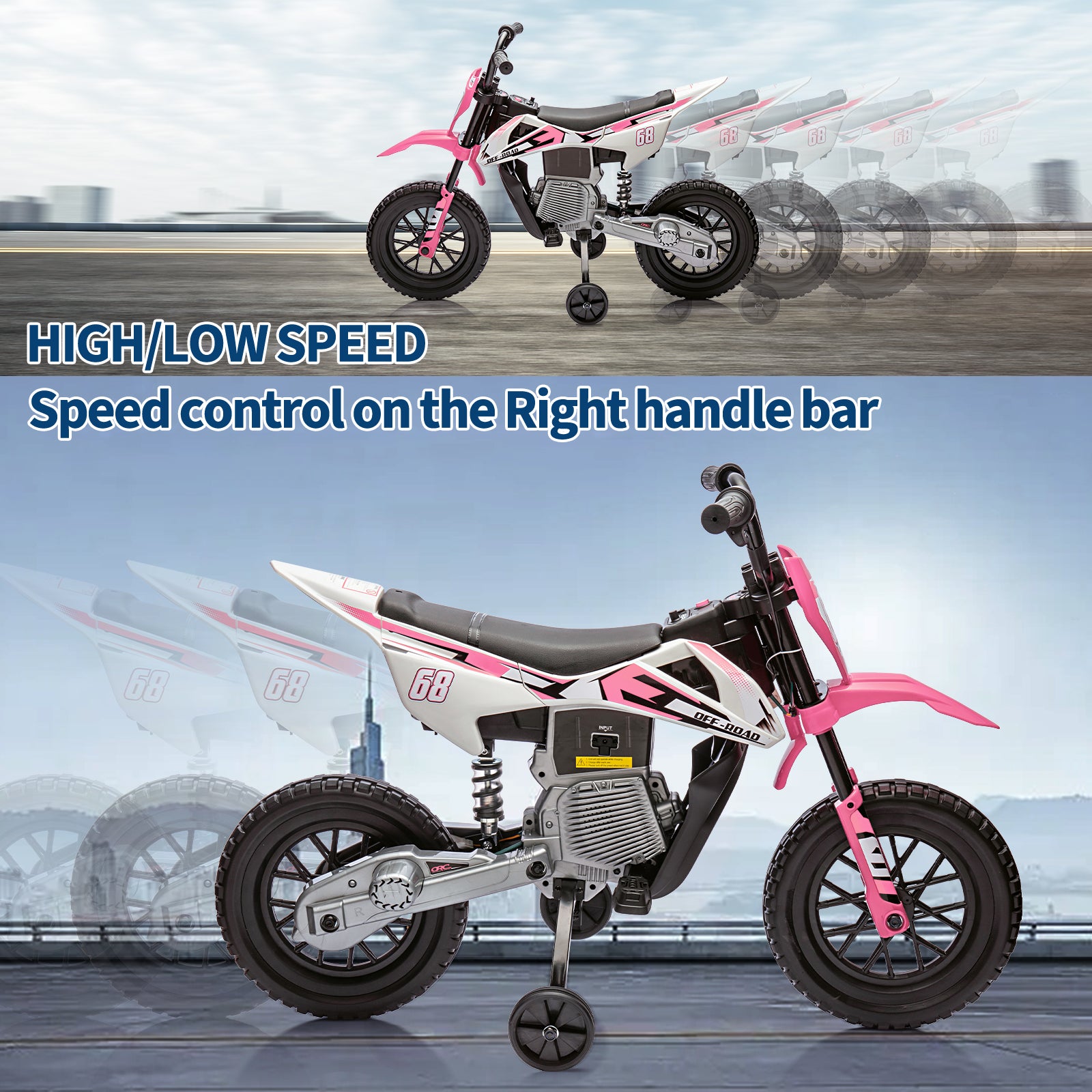 Garvee Ride - P Series: 12V Kids Electric Dirt Bike, 25W*2 Motor, Twist Grip Throttle, Spring Suspension, Training Wheels, Ride-On Toy - Pink