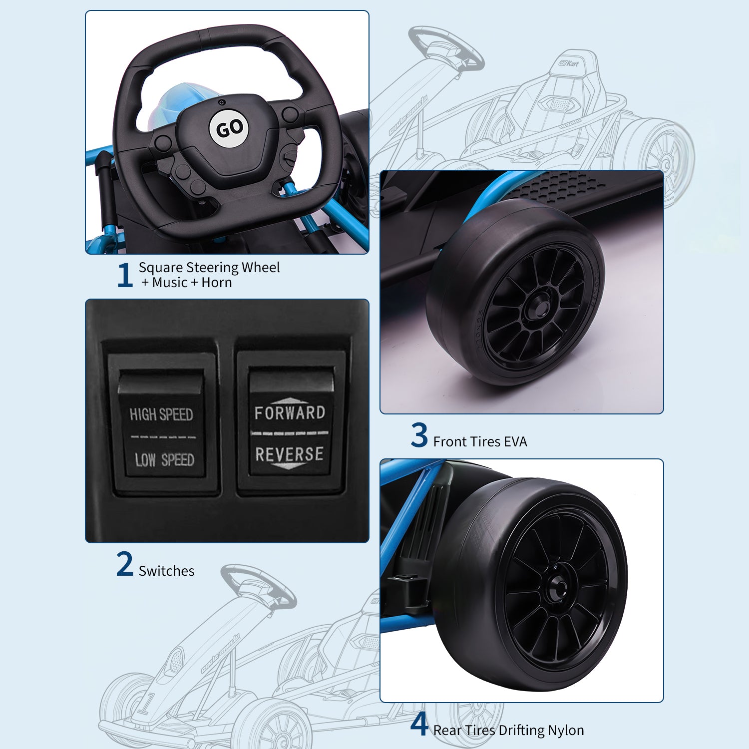 Garvee Ride G Series 24V Go Kart for Kids 8-12, 300W*2 Motors, 9Ah Battery, 8MPH Speed, Music, Horn, 175lbs Max Load - Blue