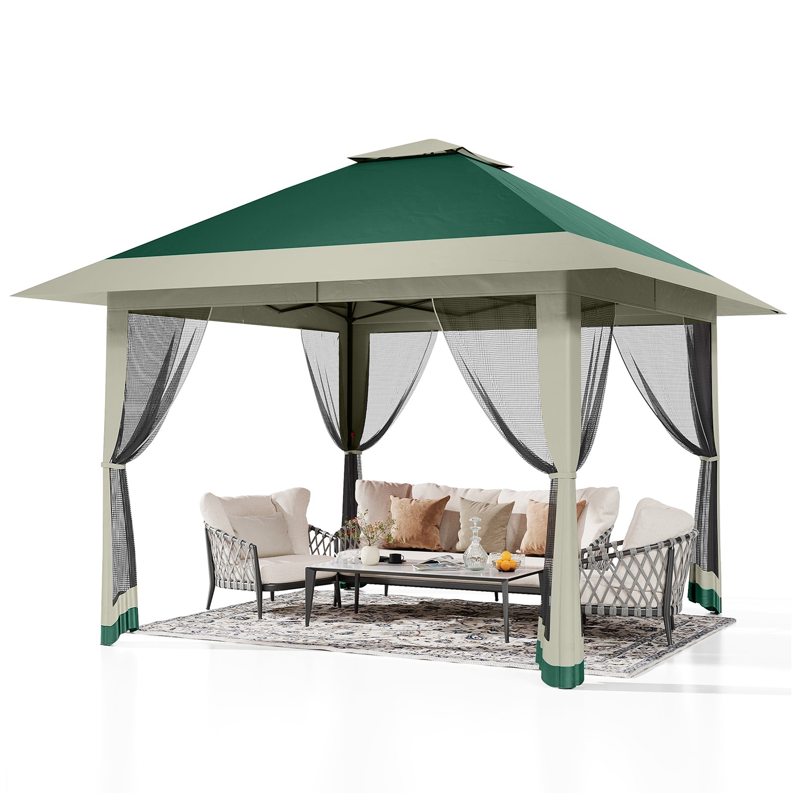 Garvee 13'x13' Pop Up Tent Outdoor Canopy Shelter with Mosquito Netting 4 Stanbags Instant Gazebo Tent for Lawn, Garden, Backyard Deck (Olive Green + Taupe)