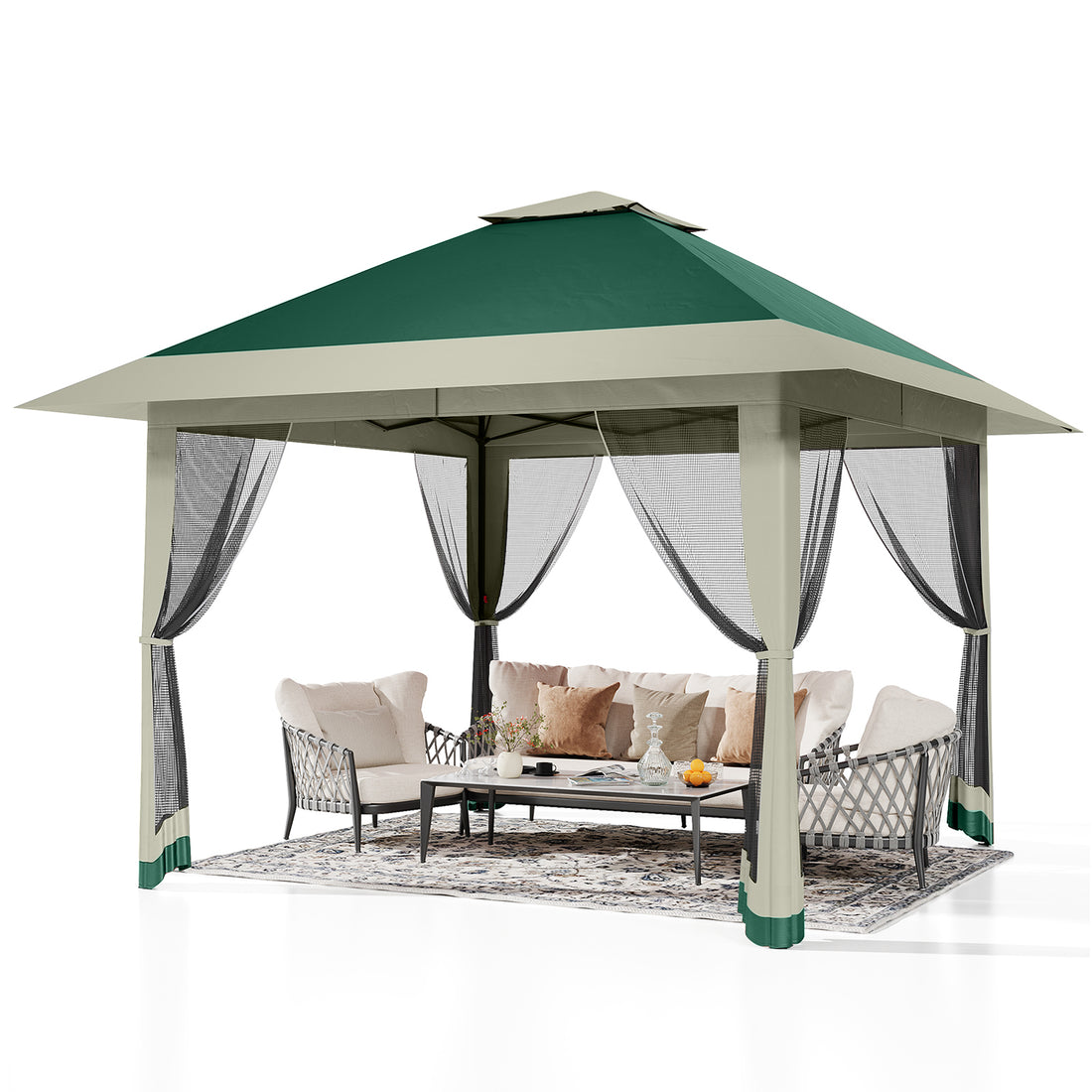 Garvee 13'x13' Pop Up Tent Outdoor Canopy Shelter with Mosquito Netting 4 Stanbags Instant Gazebo Tent for Lawn, Garden, Backyard Deck (Olive Green + Taupe)