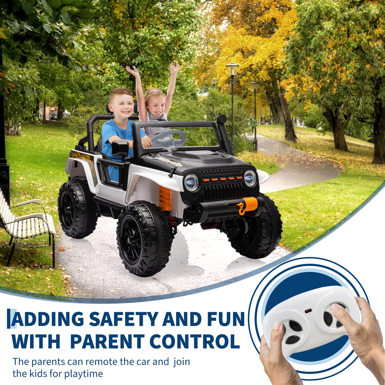 Garvee Ride - P Series: 24V 2 Seater Ride On Truck Car For Kid age 3 - 8 years, w/Remote Control, 4-Wheeler Suspension, 4x55W Powerful Engine, 4WD Battery Powered, LED Lights, Soft Braking - Black and White Mix