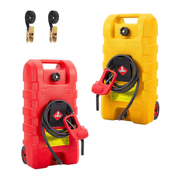 Garvee 2-Pack 15 Gallon Portable Fuel Caddy with Manual Pump - Heavy-Duty Fuel Transfer Tank with Storage Toolbox, 10FT Delivery Hose, Mobile Gas Caddy for Cars, Lawn Mowers, and Boats, Yellow + Red