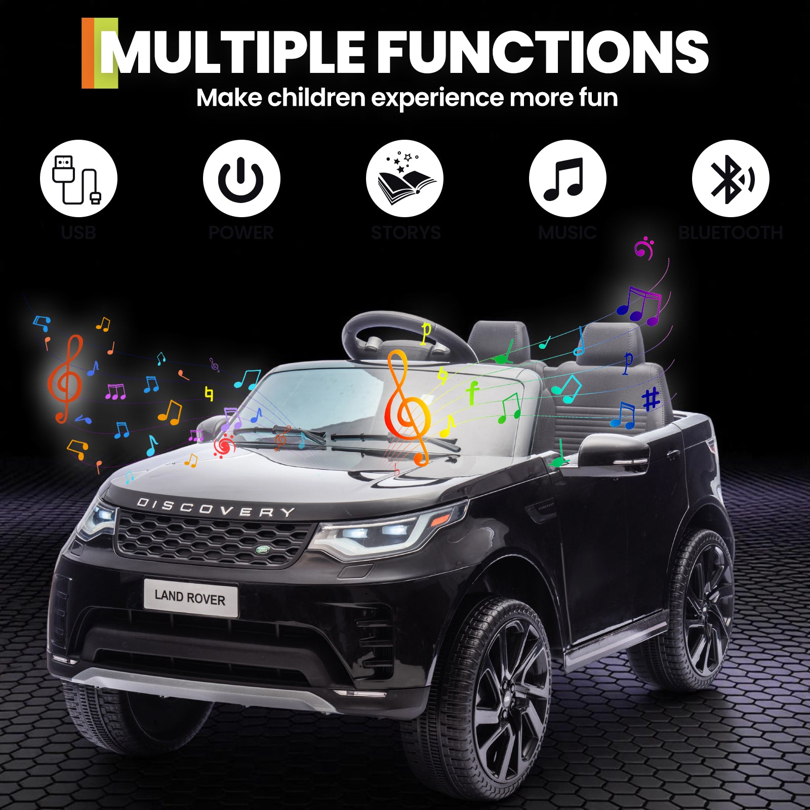 Garvee Ride P Series 12V Kids Ride On Car Land Rover Style Dual Motors 3 Speed Modes 4.5Ah Battery Safety Seatbelt Remote Control Black Outdoor Play - Black