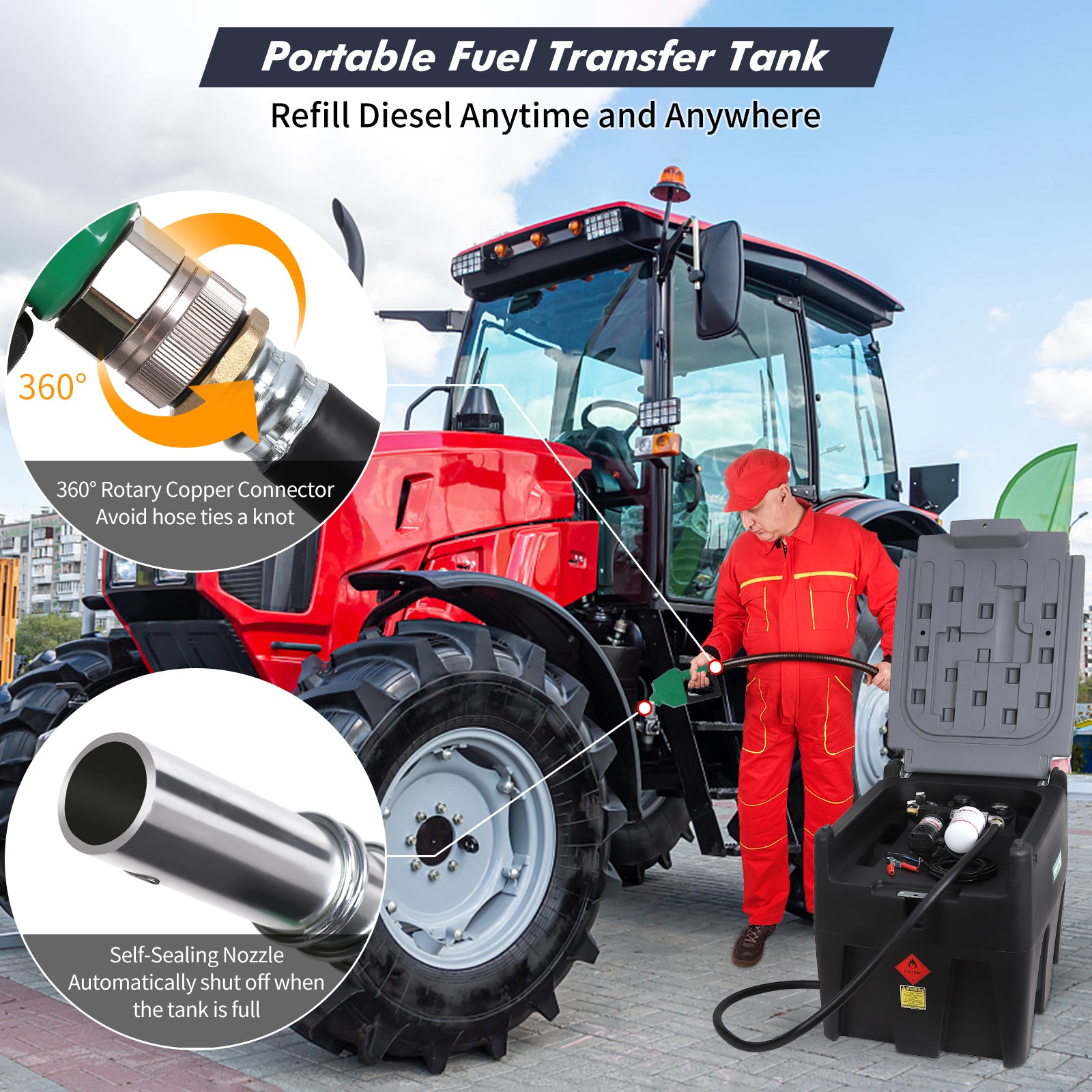 Garvee Portable Diesel Tank, 53 Gallon Fuel Tank with 12V Electric Fuel Transfer Pump, 10 GPM Diesel Transfer Tank with Auto Fueling Nozzle & 360° Swivel Connector with 13.1ft Hose (Black, 53 Gal)