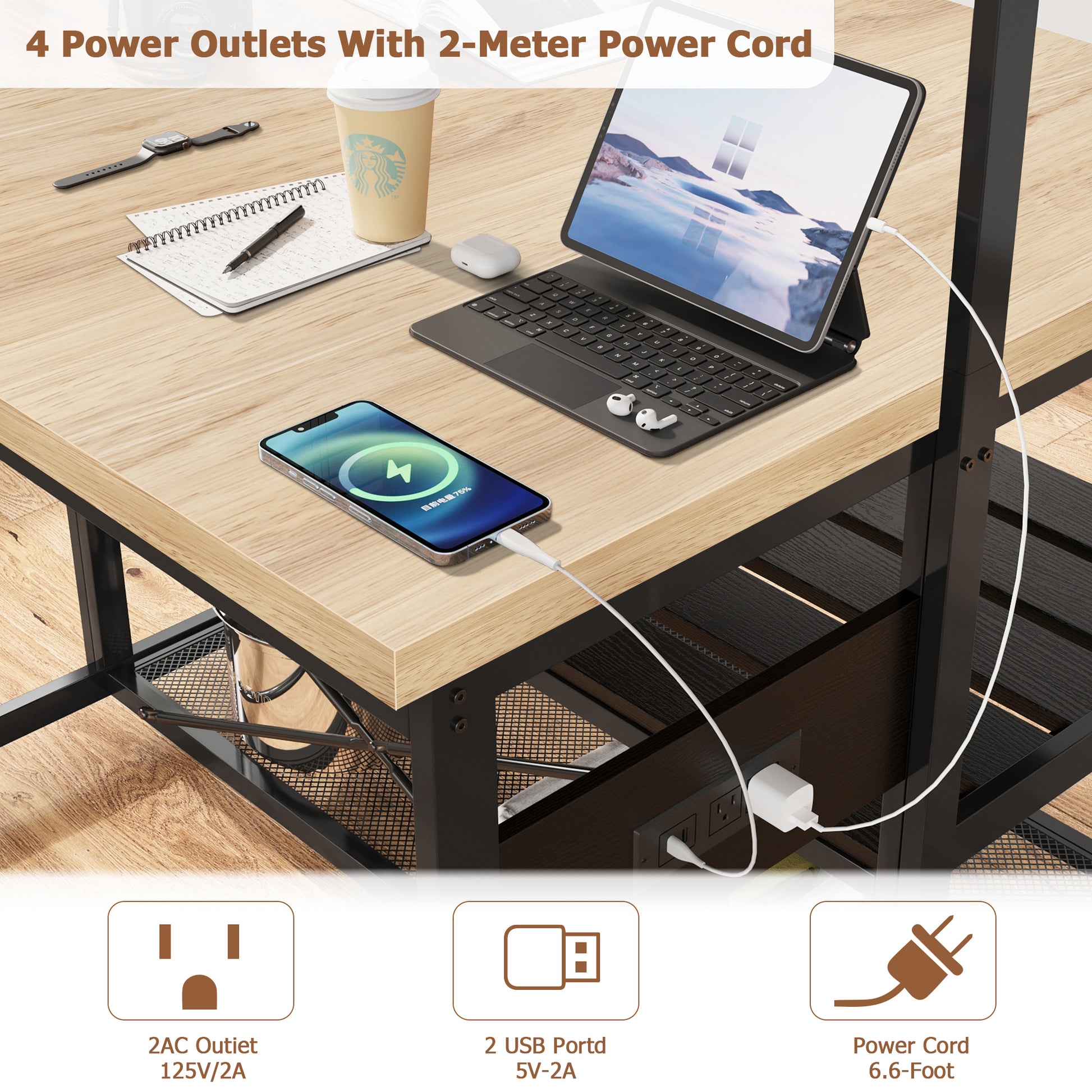 Garvee Kitchen Island with Storage, Bakers Rack with Power Outlet, Island Table for Kitchen,3 Tier Microwave Stand Oven Shelf,Large Coffee Bar Table, Storage Shelf for Kitchen Dining Room Living Room,5 Hooks