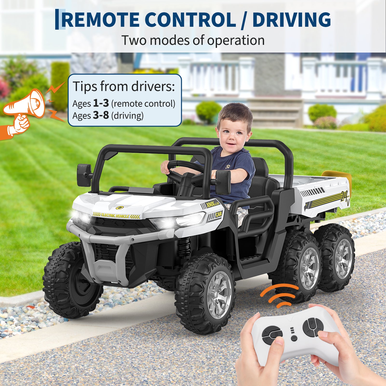 Garvee Ride - P Series: 2-Seater Ride on Car,6X6 24V Kids Ride On Dump Truck with Remote Control Electric Utility Vehicles UTV Battery Powered 6 Wheeler, for 3 years and up - White