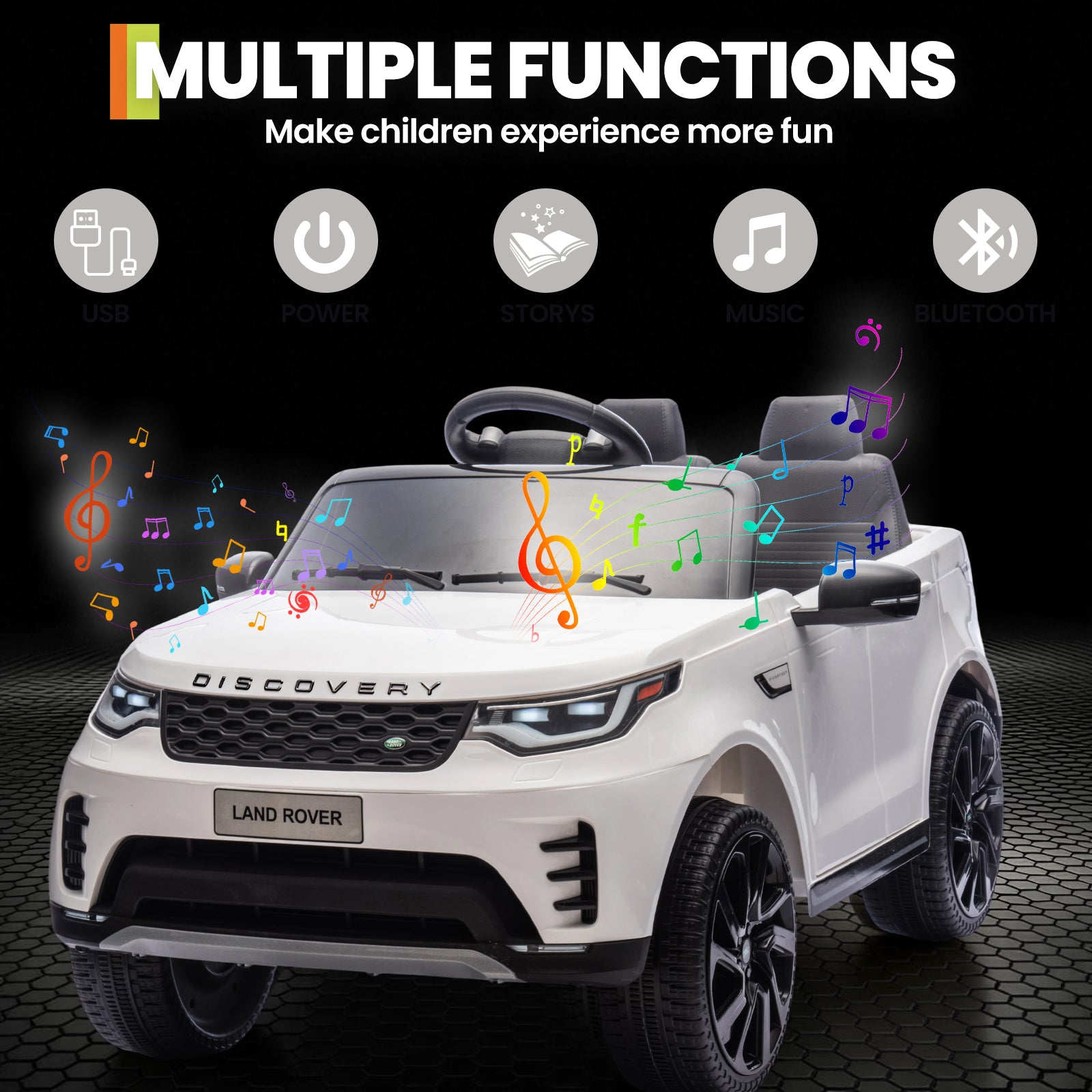 Garvee Ride P Series 12V Kids Ride On Car Land Rover Style Dual Motors 3 Speed Modes 4.5Ah Battery Safety Seatbelt Remote Control Black Outdoor Play - White