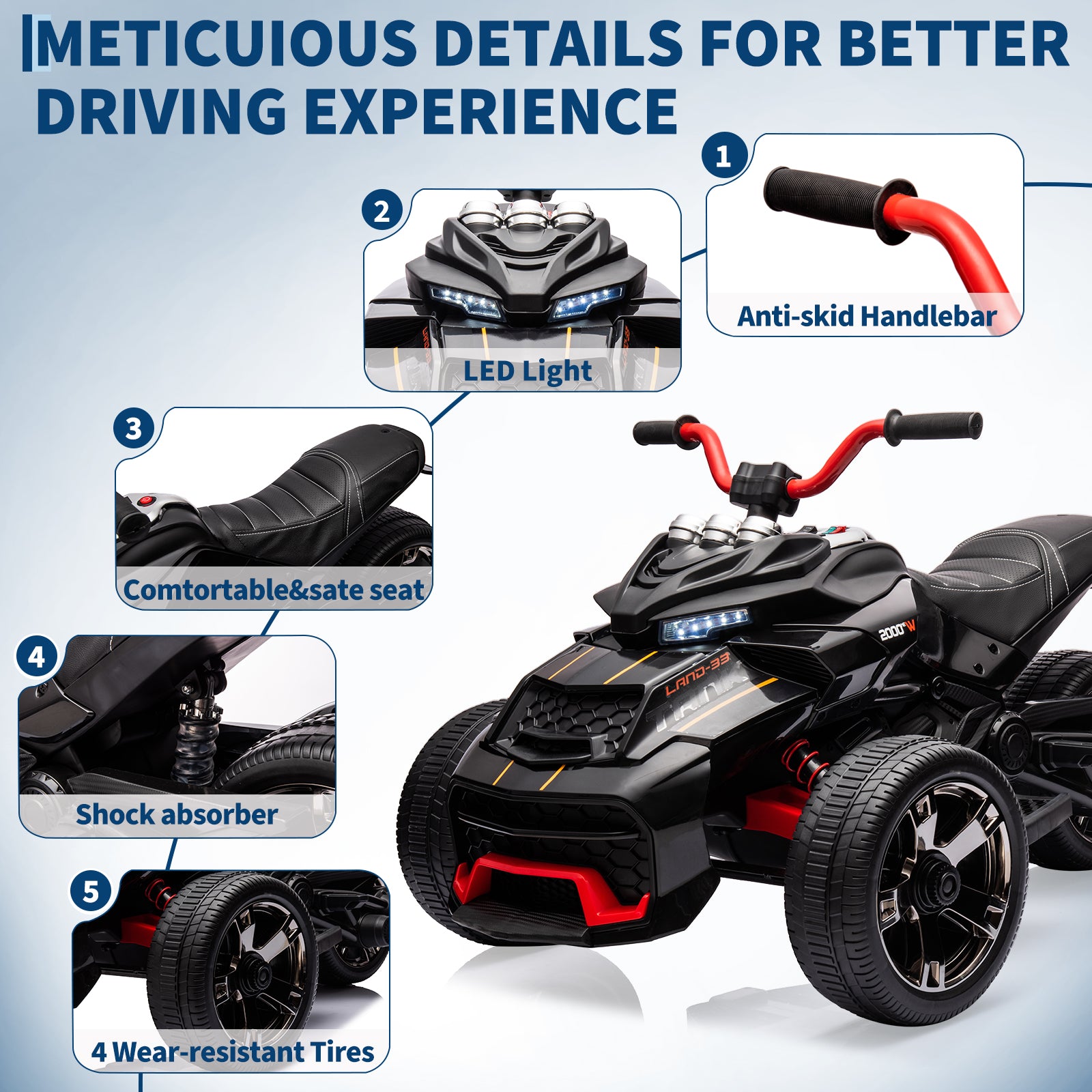 Garvee 12V Kids Ride On Toy 2x55W Engine 7AH Battery 3-7 km/h Speed 3-Wheeler Electric Vehicle with LED Lights Music USB Ideal for Outdoor Fun and Safe Play - Black