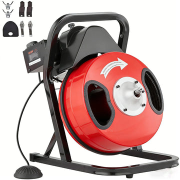 Garvee Electric Drain Cleaning Machine – 50FT x 1/2" Portable Sewer Snake Auger with 6 Cutters, Auto-Feed, Air-Activated Foot Switch, Heavy Duty Design, Wheels for Easy Transport, Cleans 1"-4" Pipes in Sinks, Toilets, Bathrooms – Size: 50FT