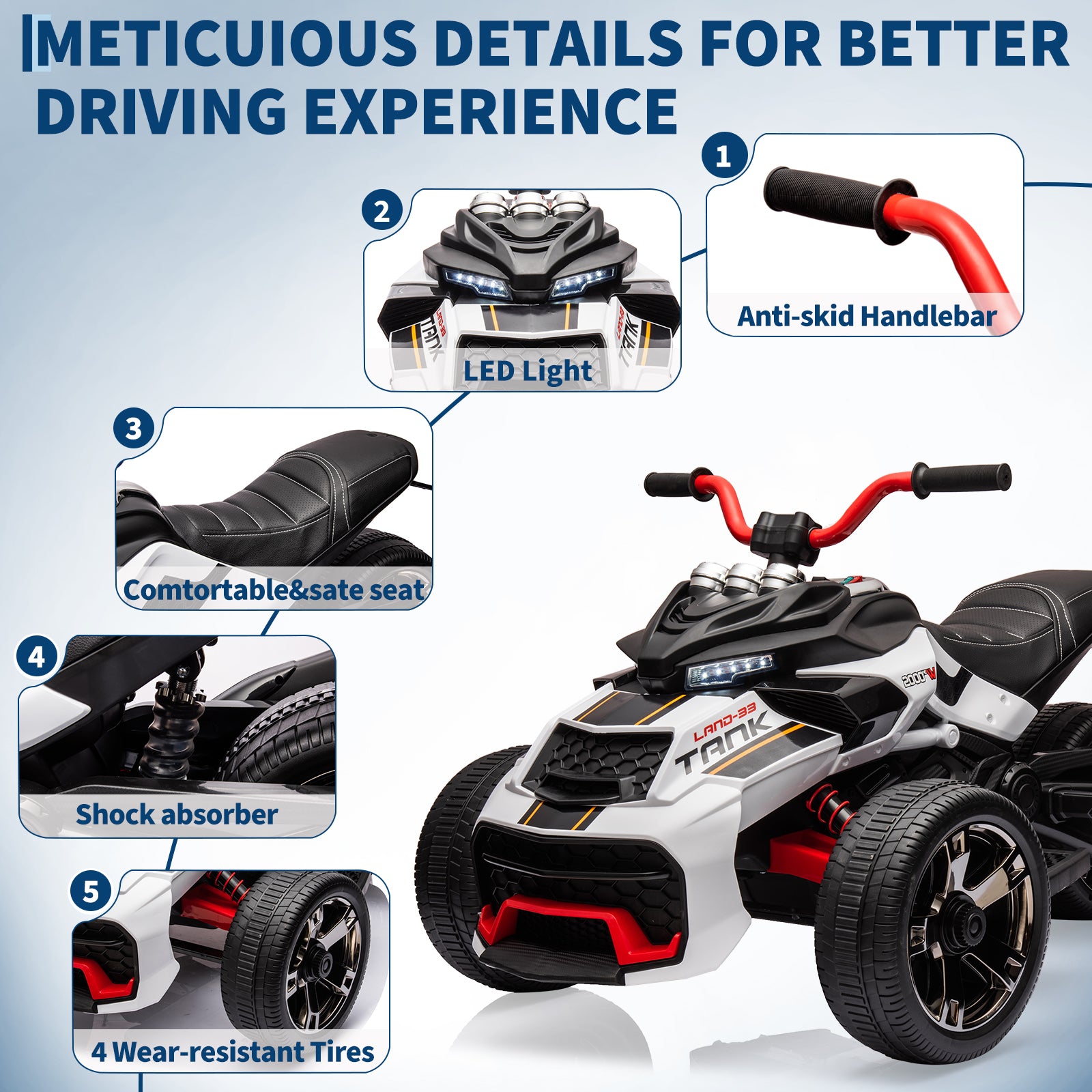 Garvee 12V Kids Ride on Toy for Kids, 2x55W Powerful Engine 7AH Battery, 3 - 7 km/H, 3 Wheelers Electric Vehicle, LED Lights, 2 Speeds, EVA Tire, Music, USB - White