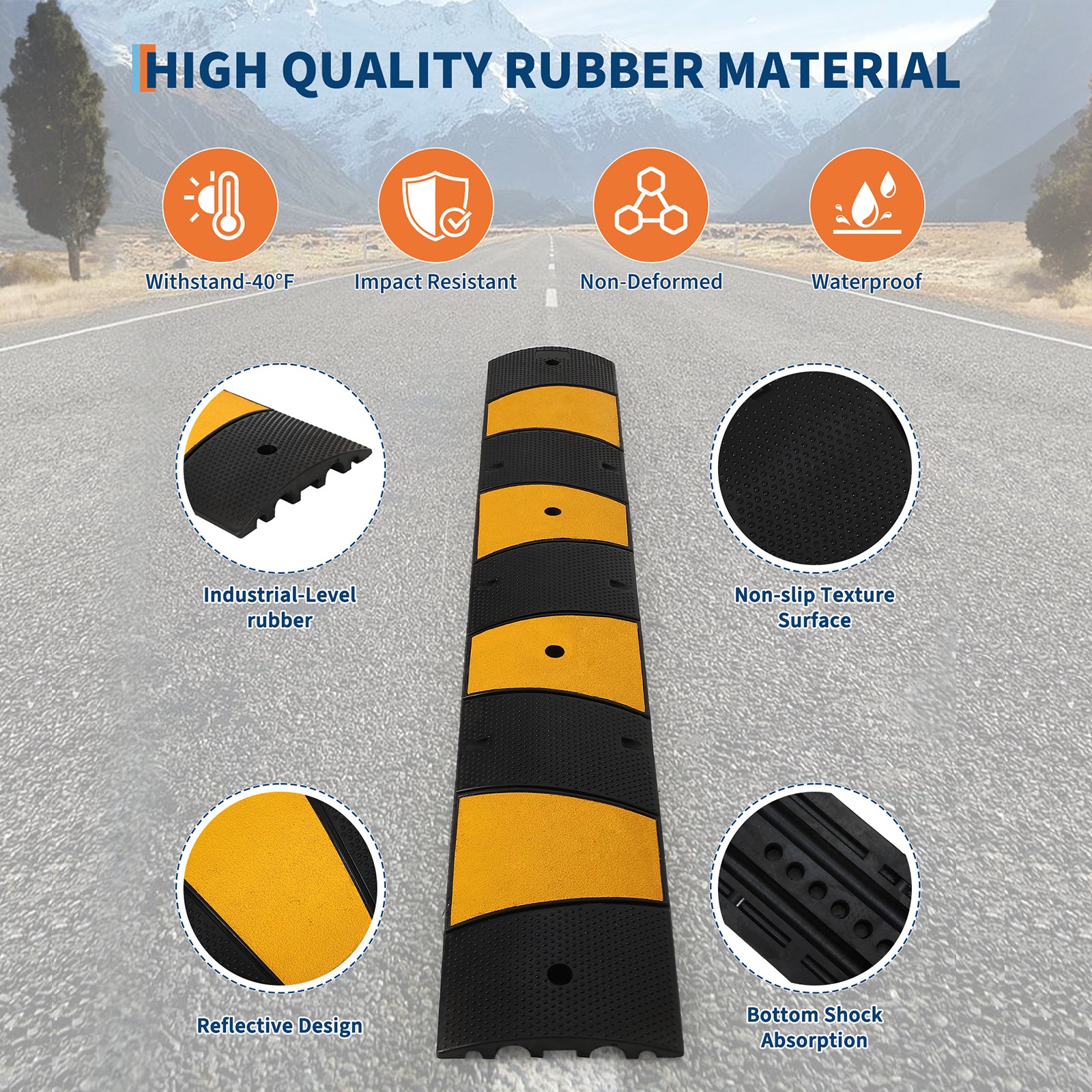 Garvee Rubber Speed Bump 6Ft Heavy Duty 22000 Lbs Load Capacity Cable Protector Ramp Rubber Non-Slip Reflective Striping Asphalt Concrete Gravel Driveway