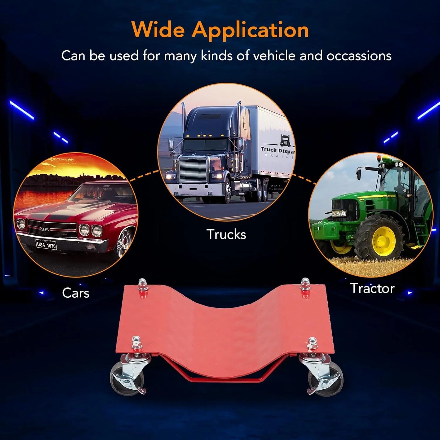Red wheel dolly shown with car truck and tractor application examples