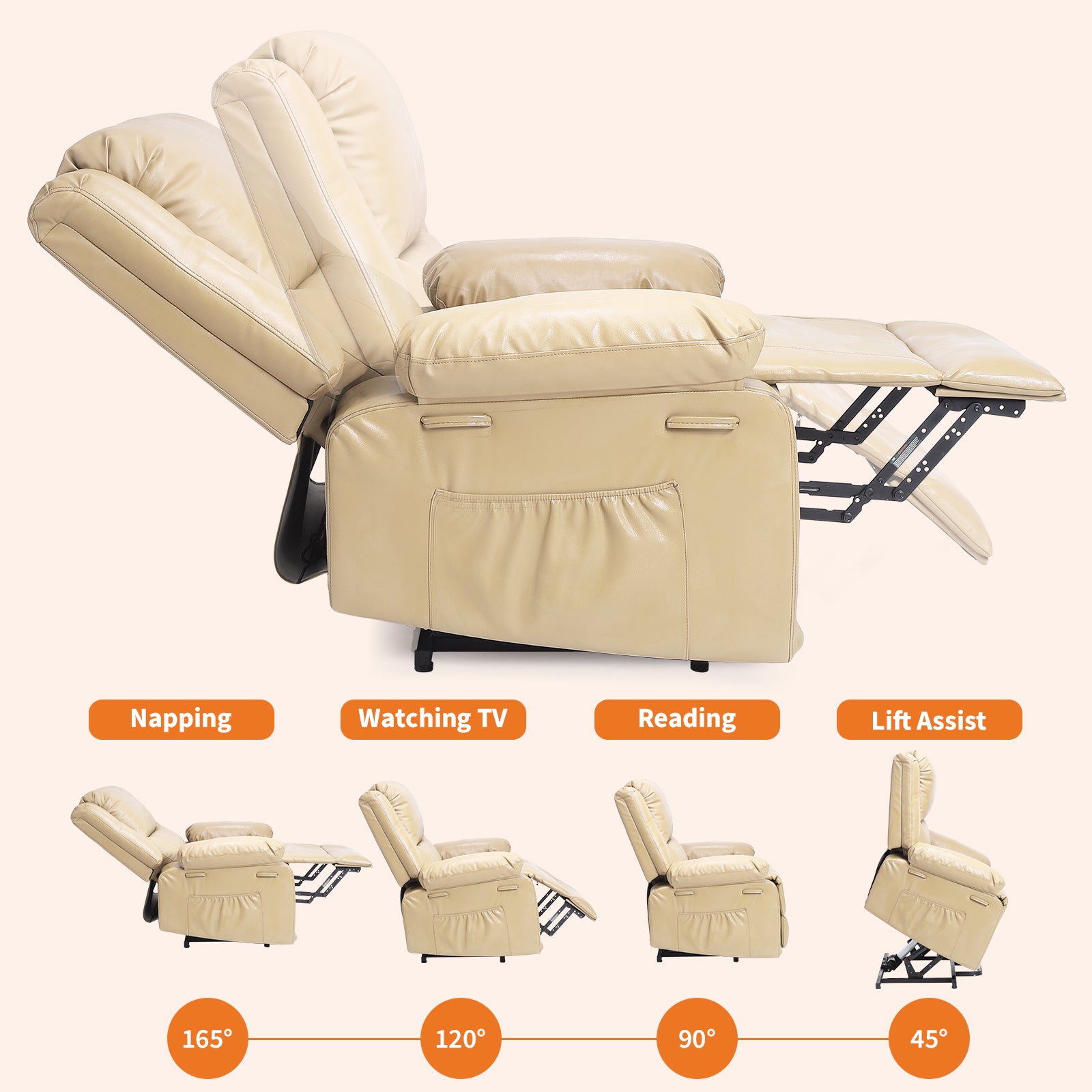 Garvee PU Leather Power Lift Recliner Chair with Massage and Heat, 8-Point Vibration, Adjustable Back and Leg Support, Electric Lift Chair Designed for Mobility Aid Elderly Relaxation, Beige
