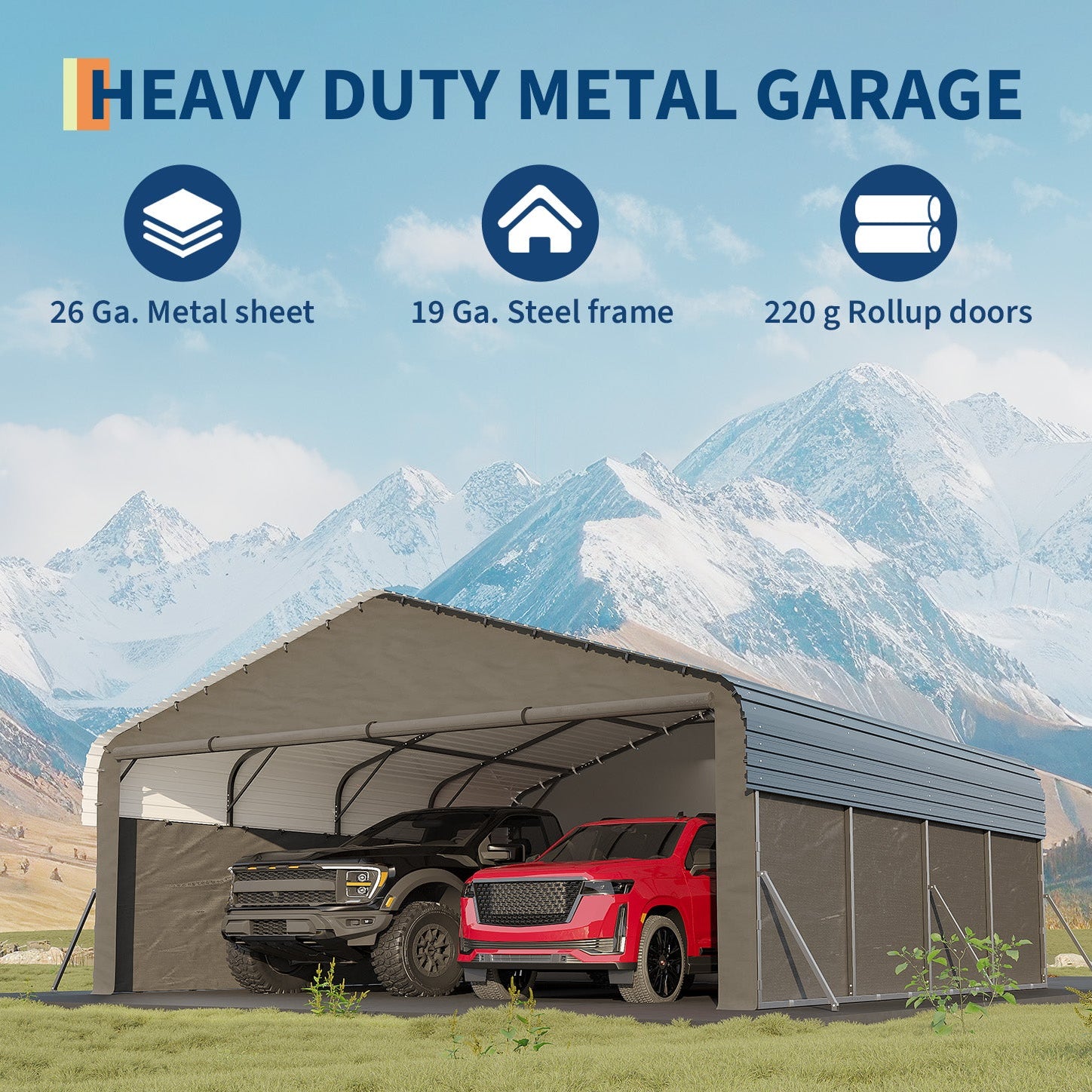 Garvee 20'x20'x10' Enclosed Metal Carport for 2 Cars, Heavy Duty Steel Frame for All Weather, Permanent Shelter for Boats, Full-Sized Pickup Trucks, and Tractors