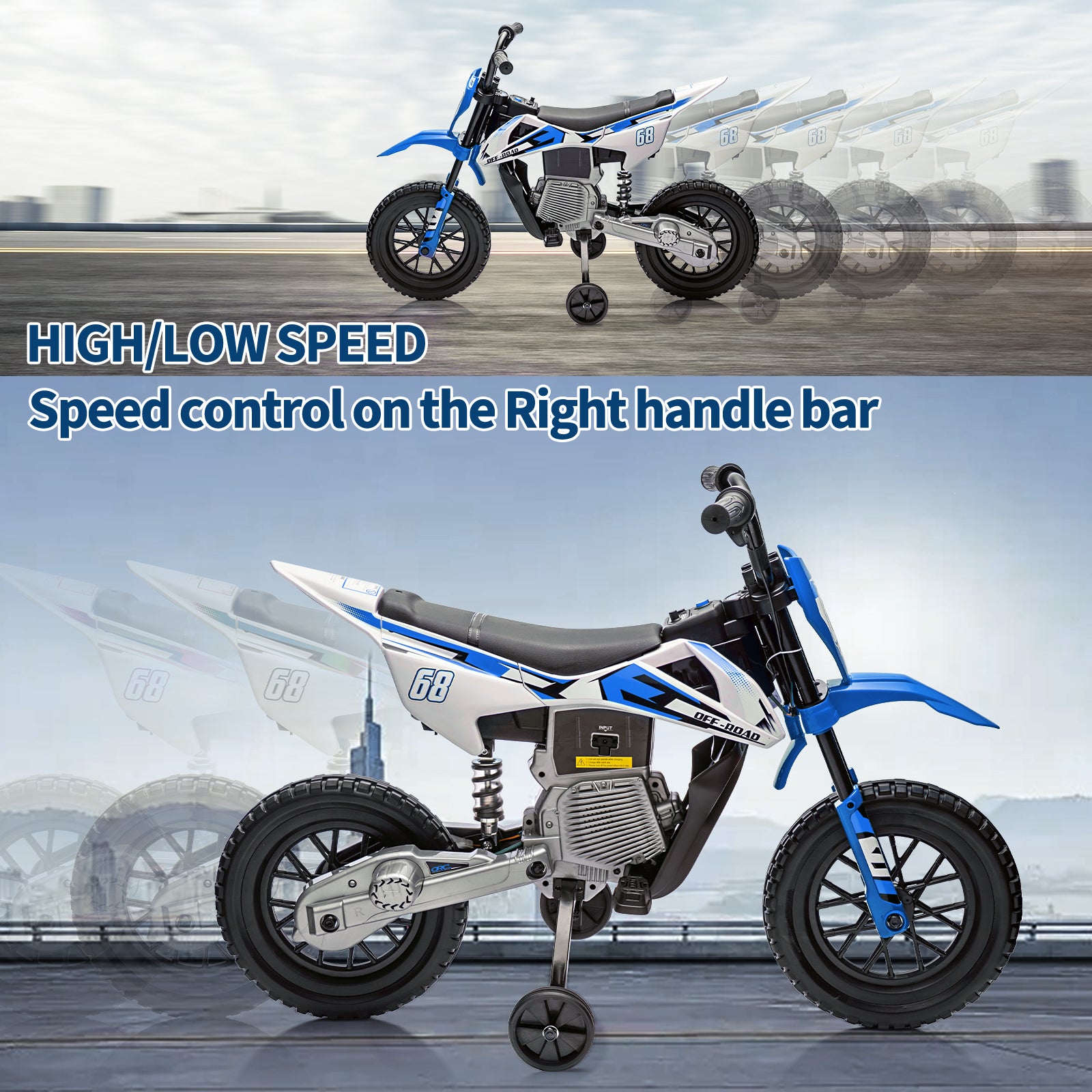 Garvee Ride - P Series: 12V Kids Electric Dirt Bike, 25W*2 Motor, Twist Grip Throttle, Spring Suspension, Training Wheels, Ride-On Toy - Blue