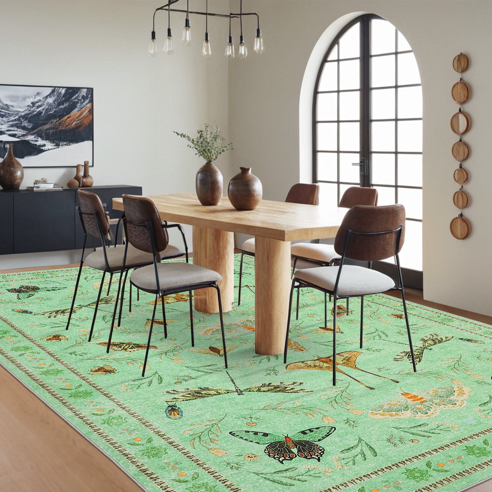 Garvee 8' x 10' Botanical Insect Area Rug, Washable Non-Slip Soft Low-Pile Moth, Butterfly & Dragonfly Rug for Living Room & Dining Room, Light Green