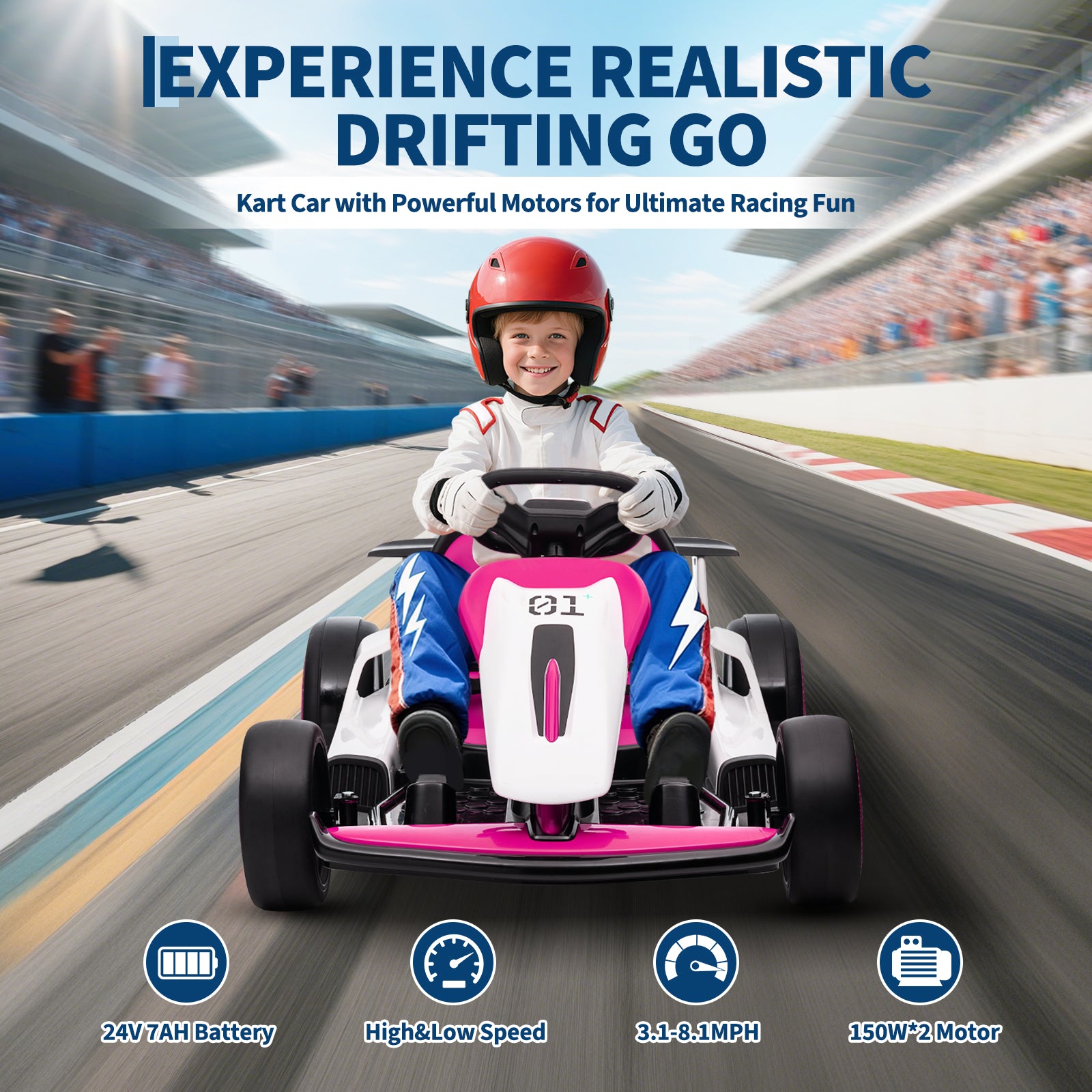 Garvee Ride - G Series: 6+,24V Drift Kart with 2X150W Strong Motor, 7AH Big Battery, Electric Pedals, Electric Go Kart Outdoor Race Toy - Pink