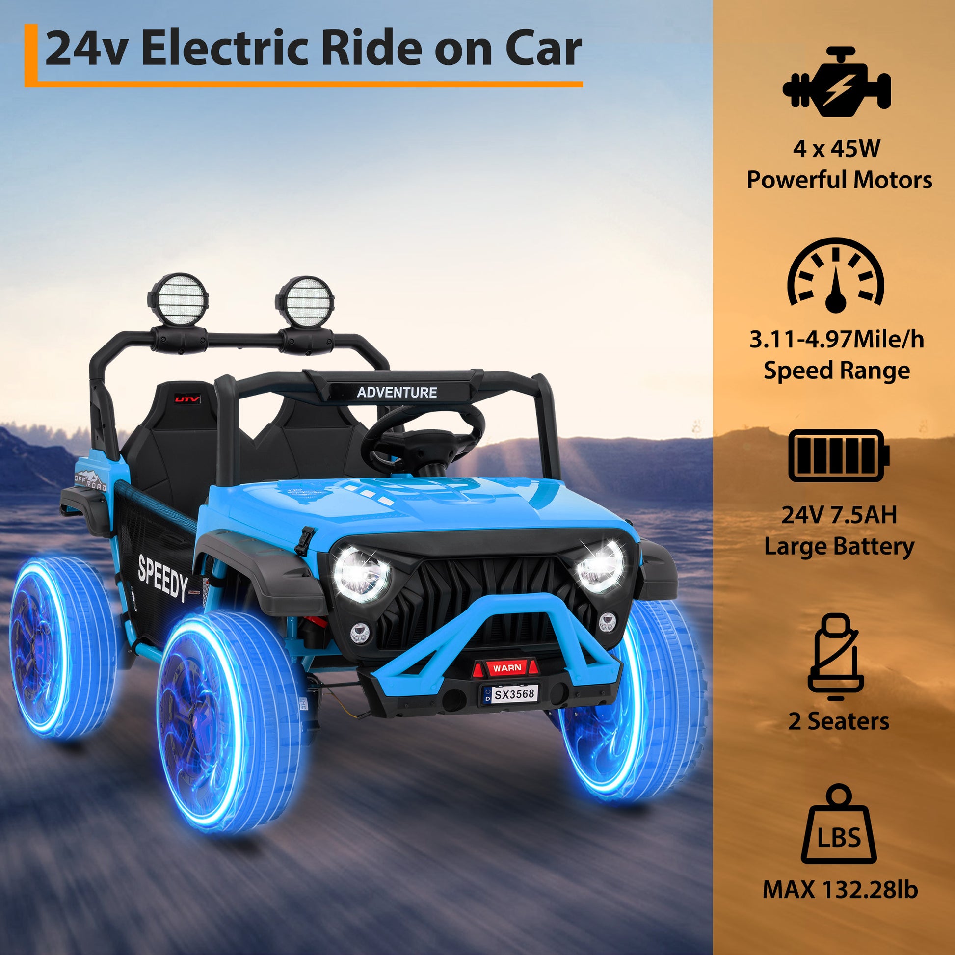 Garvee Ride P Series 24V Kids Toddler Ride On Truck 4WD 3 Speeds Large 7AH Battery EVA Tires Bluetooth MP3 Parent Safety Brake Red Outdoor Play - Blue