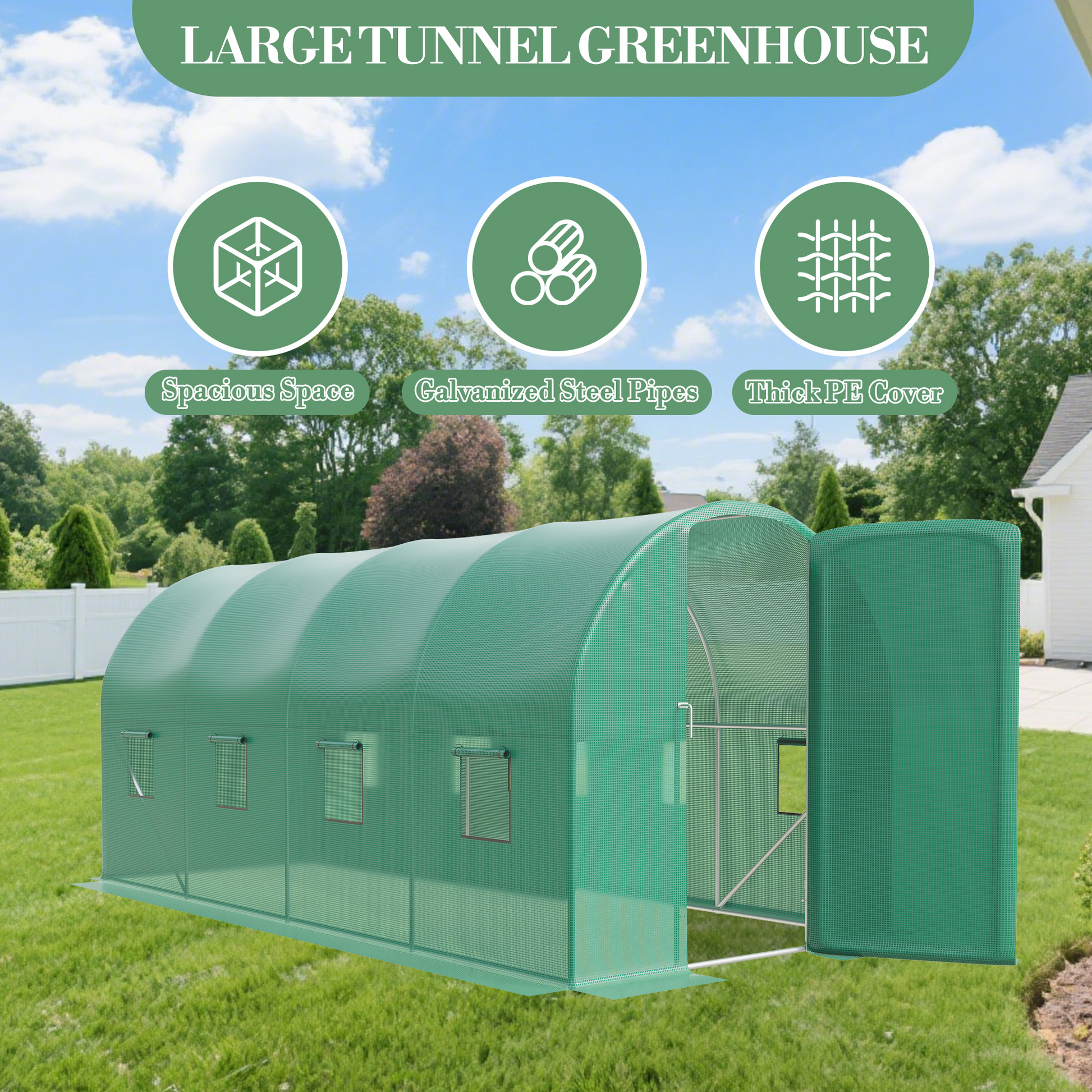 Garvee Walk-in Greenhouse Tunnel 15x6.5x6.5ft,Galvanized Steel Tunnel Greenhouse with Doors and Window,Garden Hot House for Home Gardening Seed Germination