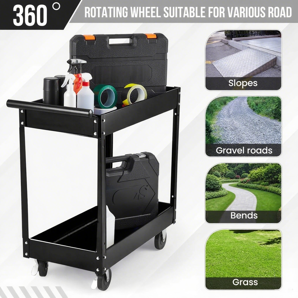 Garvee 2 Tier Rolling Tool Cart,330 Lbs Metal Heavy Duty Utility Cart On Wheels,2 Shelf Steel Utility Cart, Tool Storage Organizer for Mechanic, Garage, Workshop, Warehouse & Repair Shop