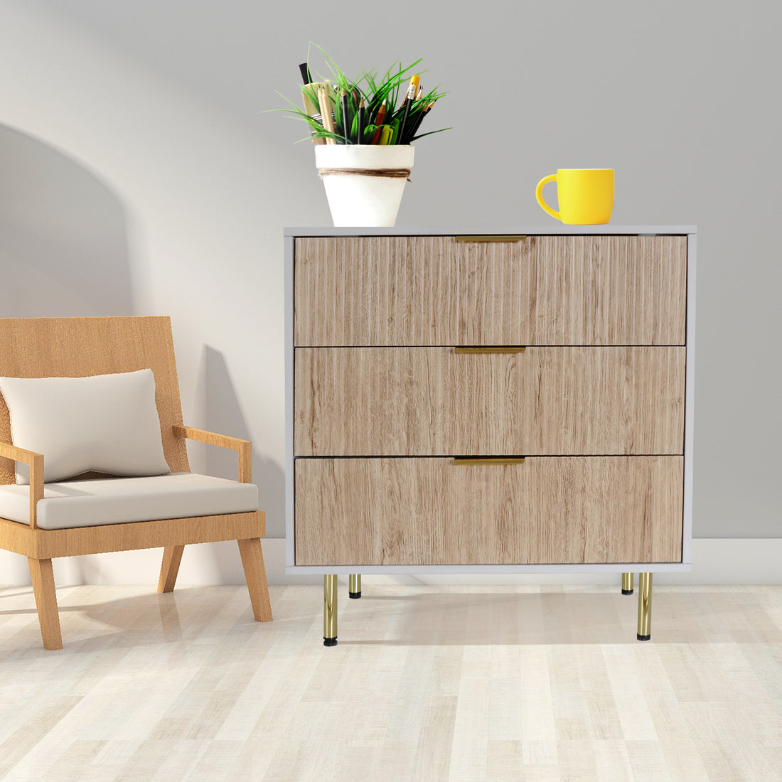 Garvee Fluted Dresser with 3 Drawers, Modern Chest of Drawers with Curved Profile Design, Wood Drawer Organizer for Bedroom, Living Room, Hallway, Natural Oak