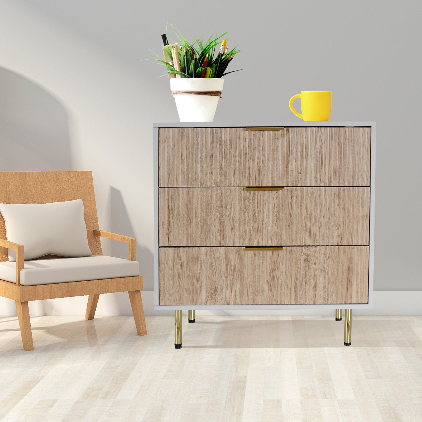 Garvee Fluted Dresser with 3 Drawers, Modern Chest of Drawers with Curved Profile Design, Wood Drawer Organizer for Bedroom, Living Room, Hallway, Natural Oak