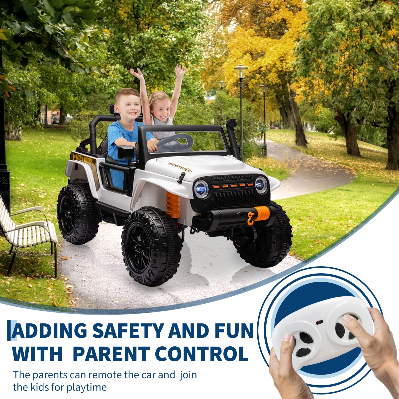 Garvee Ride - P Series: 24V 2 Seater Ride On Truck Car For Kid age 3 - 8 years, w/Remote Control, 4-Wheeler Suspension, 4x55W Powerful Engine, 4WD Battery Powered, LED Lights, Soft Braking - White