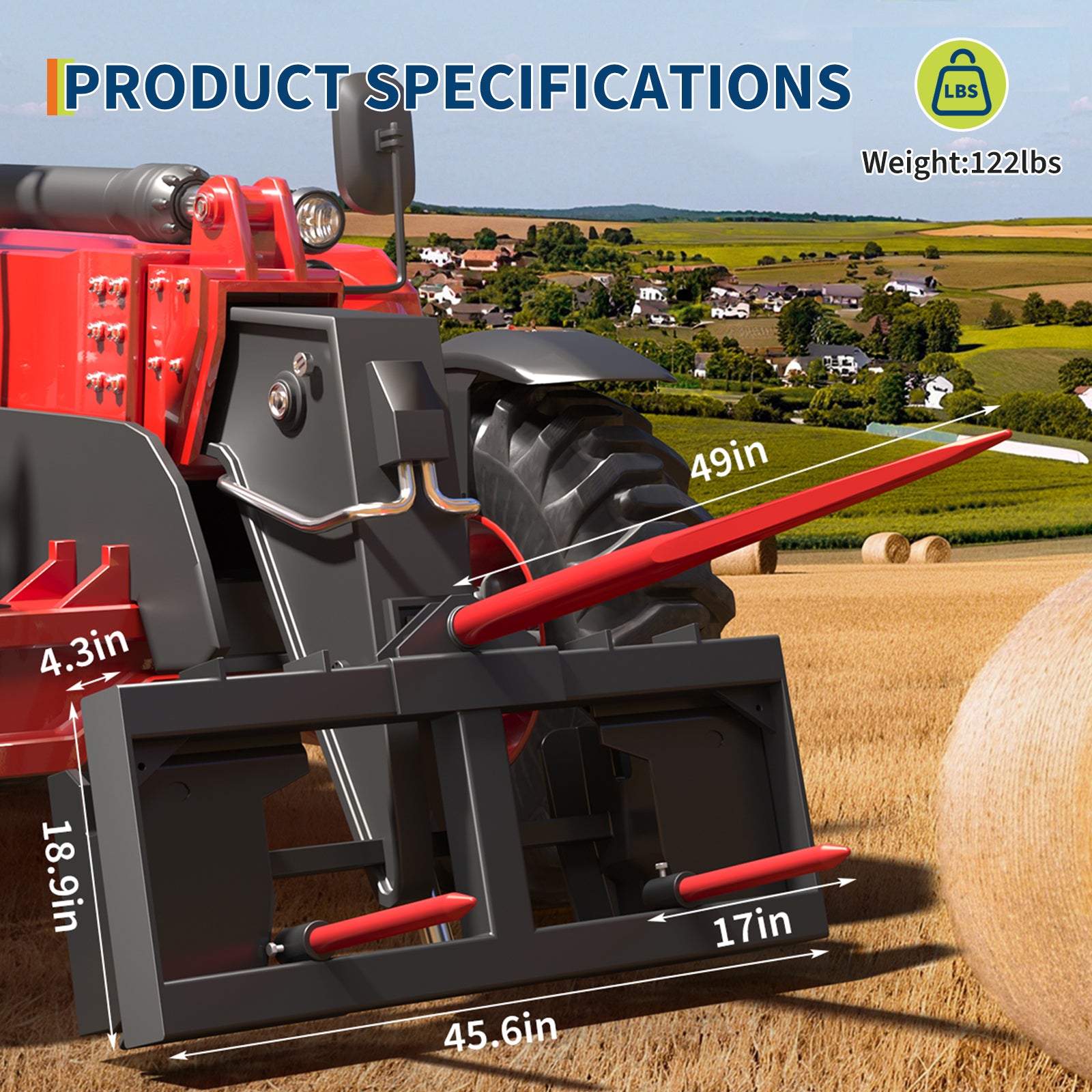 Garvee 3000lbs Quick Attach Bale Spear Attachment for Skid Steer & Tractor, 49" Hay Spear with 2x17" Stabilizer Spears, Heavy Duty Hay Frame