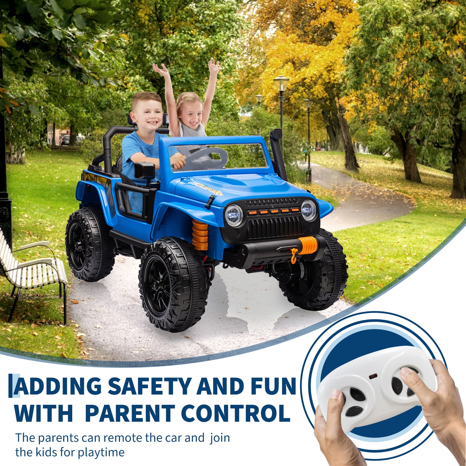 Garvee Ride - P Series: 24V 2 Seater Ride On Truck Car For Kid age 3 - 8 years, w/Remote Control, 4-Wheeler Suspension, 4x55W Powerful Engine, 4WD Battery Powered, LED Lights, Soft Braking - Blue