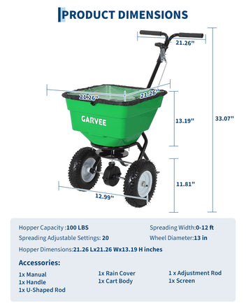 Garvee 100 lb Push Broadcast Spreader, T-Handle Walk-Behind Lawn & Garden Fertilizer Spreader with 58 L Hopper, 0–12 ft Coverage, 13" All-Terrain Wheels & 20-Level Flow Control for Seed, Fertilizer, Salt & Ice Melt, Green/Black