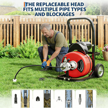 Garvee Drain Cleaner Machine 100FT x 3/8 Inch Steel Core Cable Portable 370W Electric Drain Cleaning Machine With Sewer Auger Cutter Air-Activated Foot Switch Wheels For Commercial Home