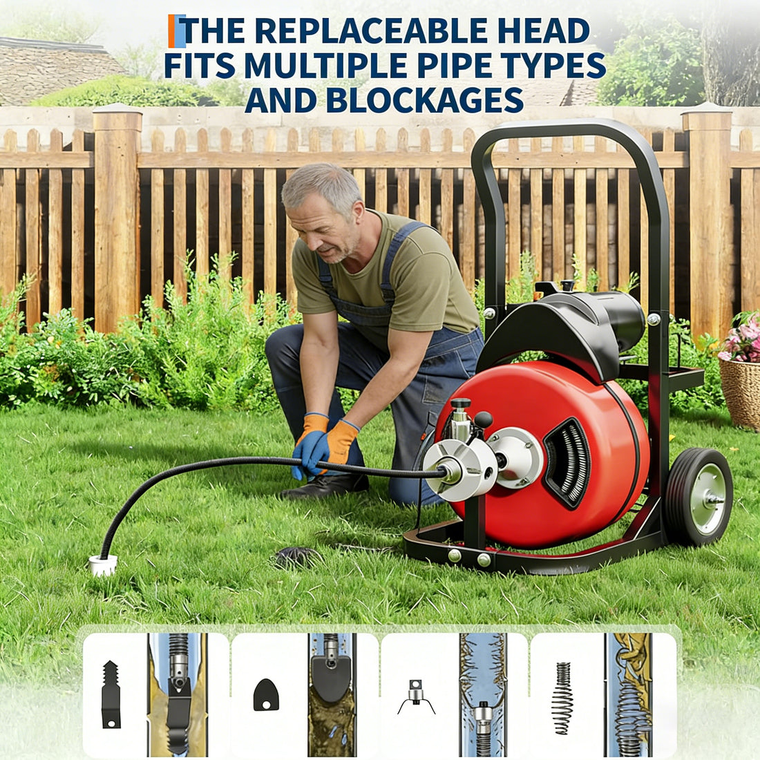 Garvee Drain Cleaner Machine 100FT x 3/8 Inch Steel Core Cable Portable 370W Electric Drain Cleaning Machine With Sewer Auger Cutter Air-Activated Foot Switch Wheels For Commercial Home