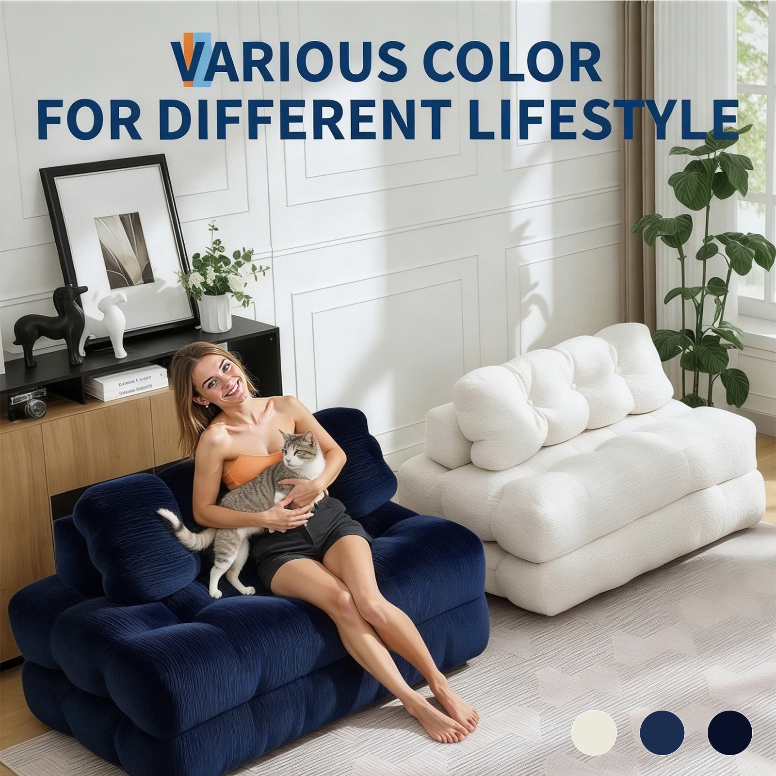 Garvee Folding Sofa Bed, 3-in-1 Convertible Sleeper Chair with Pillow, Double Futon Couch Bed with Back Support, Portable Fold Out Chair Bed Comfy Floor Sofa Lounge for Living Room Bedroom, Navy Blue