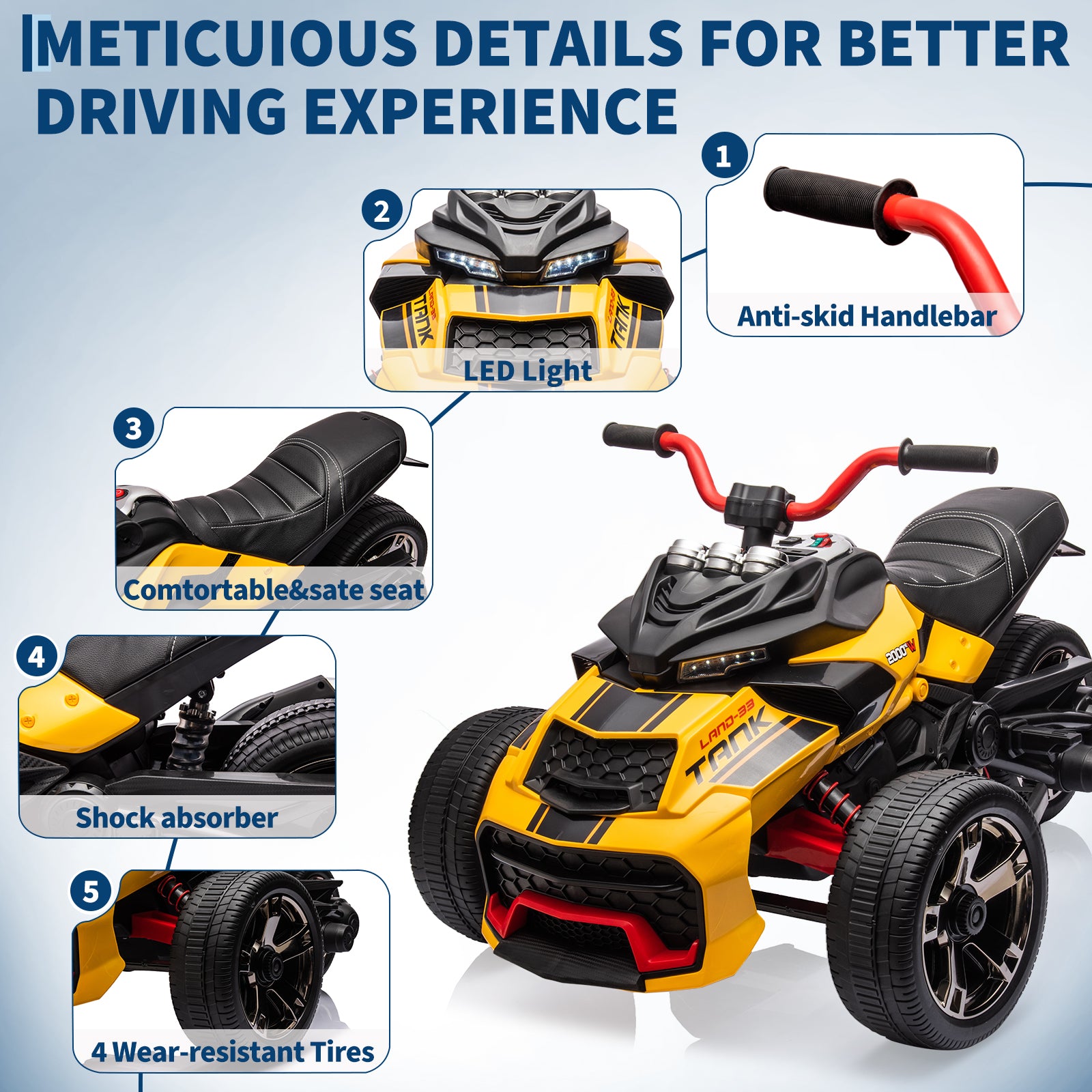 Garvee 12V Kids Ride on Toy for Kids, 2x55W Powerful Engine 7AH Battery, 3 - 7 km/H, 3 Wheelers Electric Vehicle, LED Lights, 2 Speeds, EVA Tire, Music, USB - Yellow