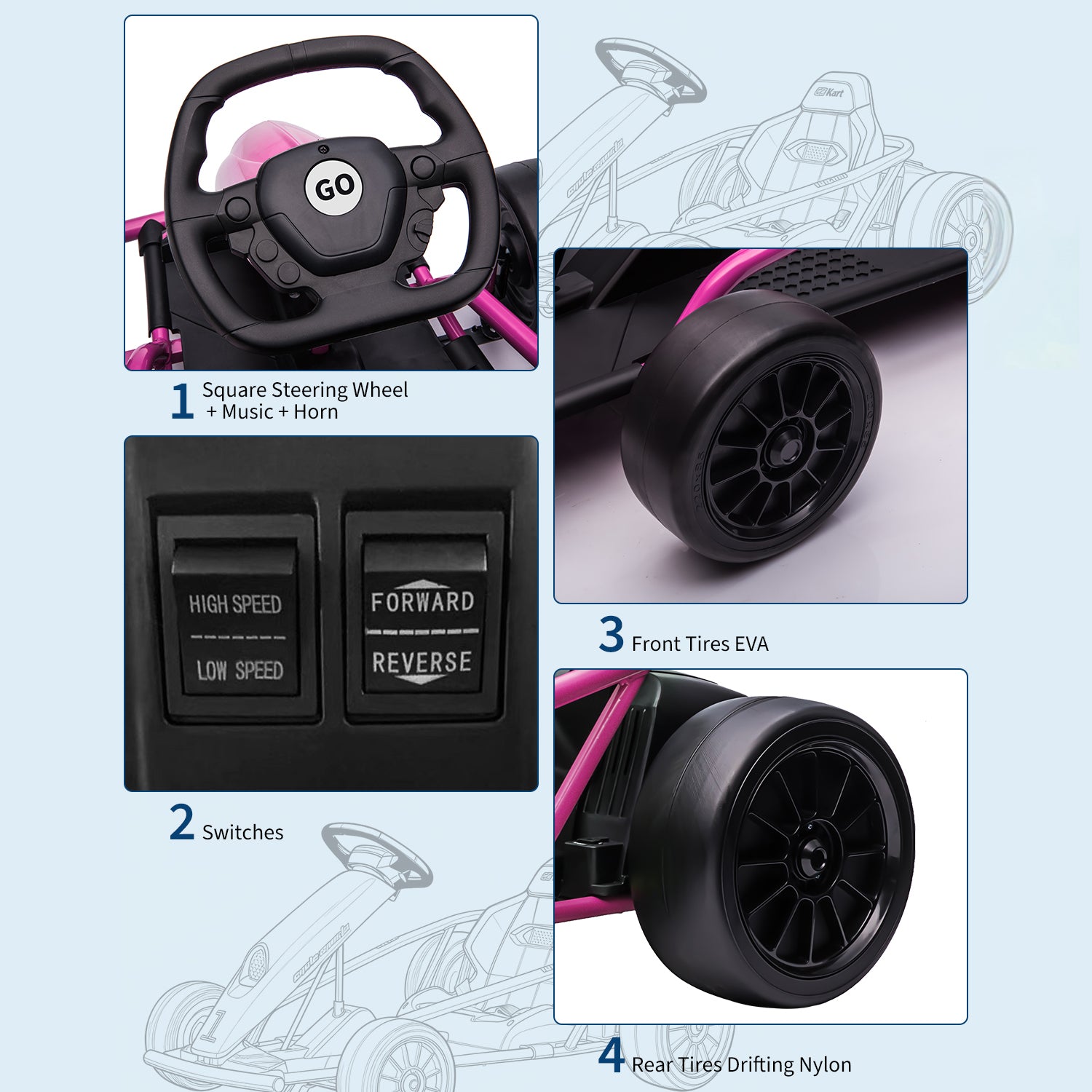 Garvee Ride G Series 24V Go Kart for Kids 8-12, 300W*2 Motors, 9Ah Battery, 8MPH Speed, Music, Horn, 175lbs Max Load - Pink