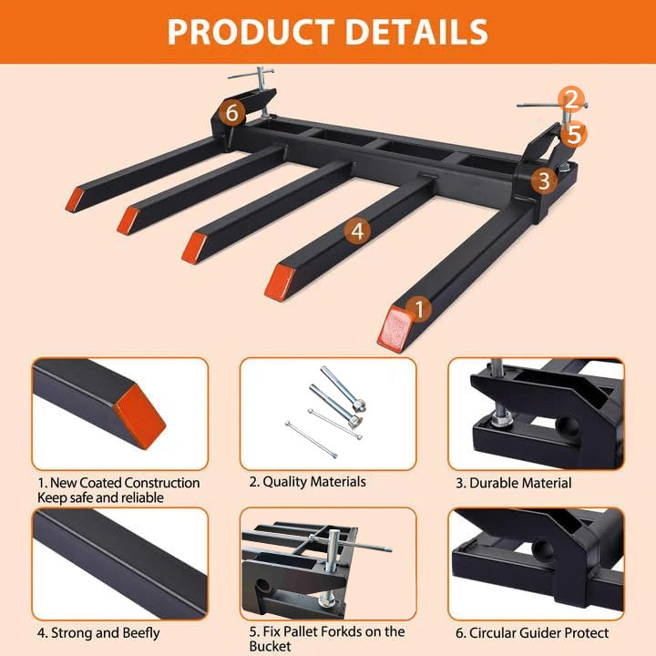 Garvee Clamp on Debris Forks to 42-48" Bucket, Heavy Duty 5 Fork Tines Clamp-on Pallet Attachments with 2500 LBS Capacity Fit for Tractor Bucket, Skid Steer Loader