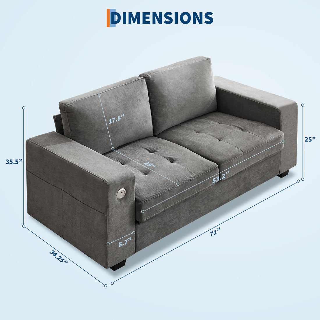 Garvee 71" Chenille Fabric Sofa Modern Comfort Sofa with USB/Type-C Ports, Deep Seat Cushions, Removable Cover, Wide Armrests Ideal for Living Rooms, Small Spaces, and Apartments - Grey