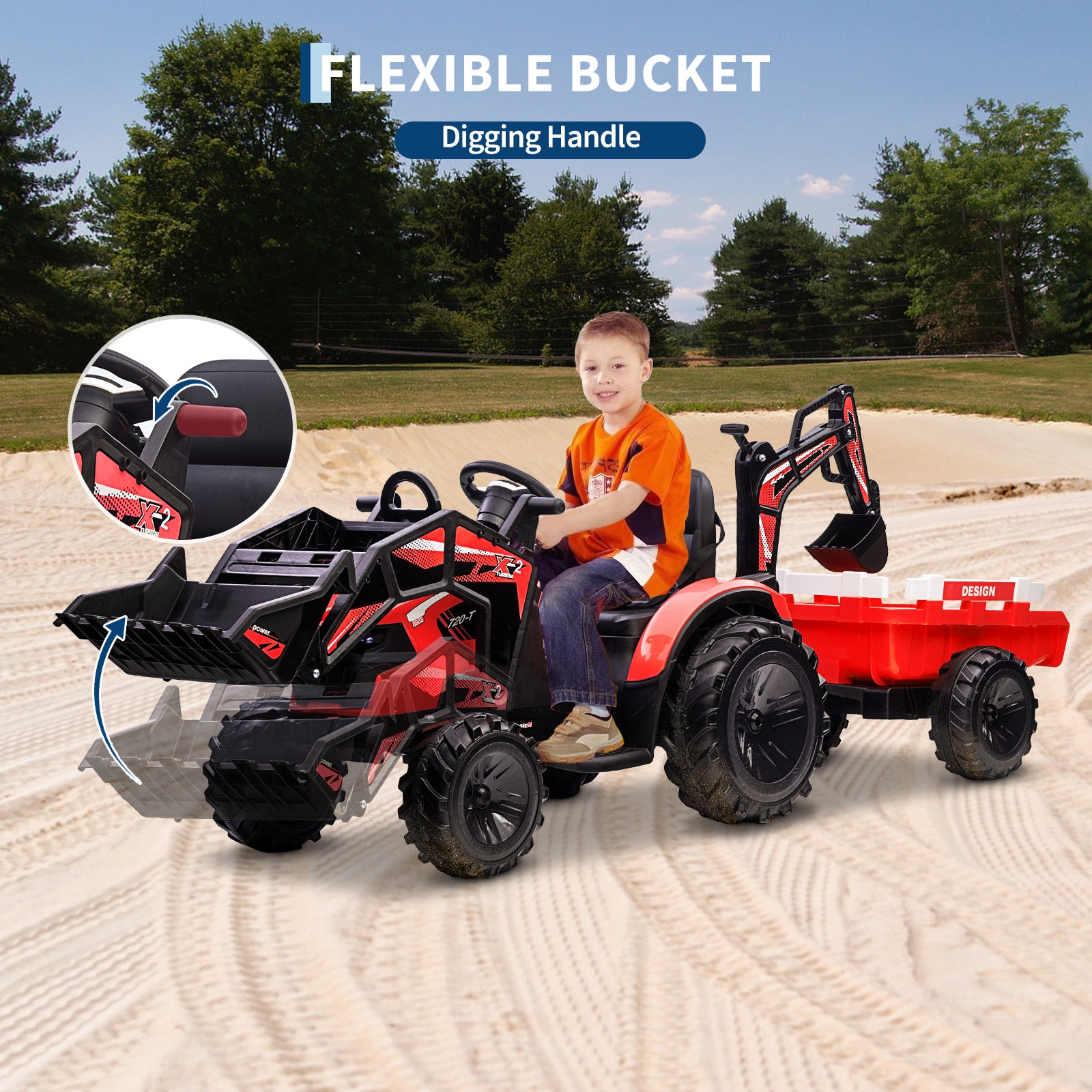 Garvee Ride P Series 3-in-1 Ride-On Tractor, 24V Electric, Excavator & Bulldozer, Remote Control, LED, Music, USB/Bluetooth max 66 lbs - Bright-red