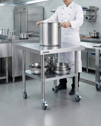 Garvee Stainless Steel Work Table, 24x24x26 Inch Commercial Food Prep Worktable with Wheels, Detachable 3-Sided Backsplash & Height-Adjustable Shelf, Heavy Duty Workbench for Kitchen Restaurant Garage