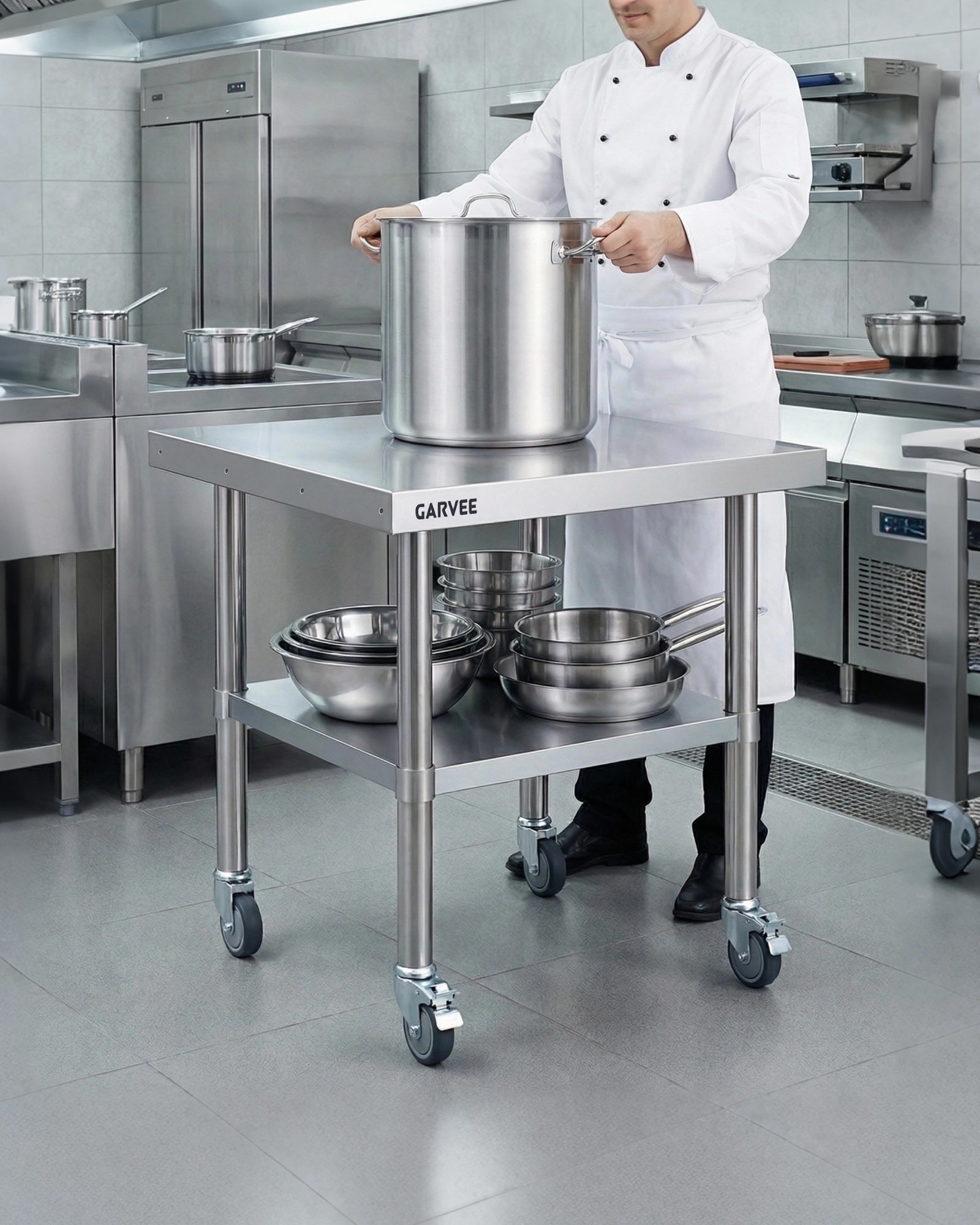 Garvee Stainless Steel Work Table, 24x24x26 Inch Commercial Food Prep Worktable with Wheels, Detachable 3-Sided Backsplash & Height-Adjustable Shelf, Heavy Duty Workbench for Kitchen Restaurant Garage