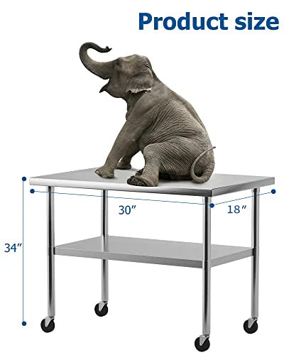 GARVEE 30"L x 18"W x 34"H Stainless Steel Work Table with Wheels - NSF Certified, Heavy-Duty Prep Table for Home, Restaurant, and Hotel Use