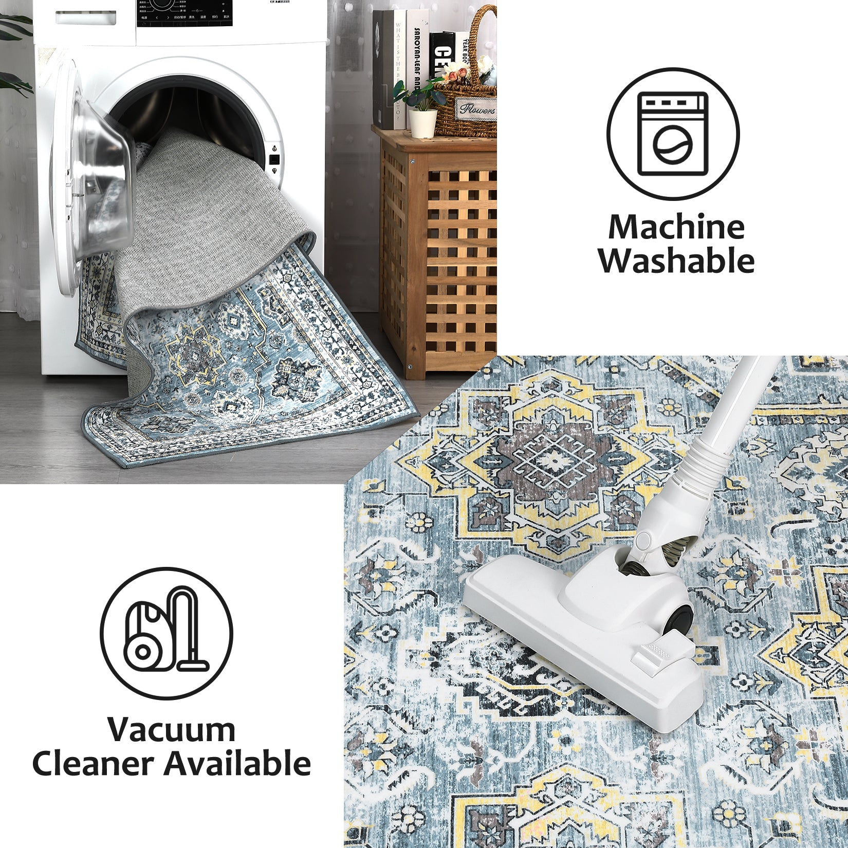 Garvee Boho Blue 5x7 Washable Rug, Oriental Vintage Non Slip Soft Faux Wool Stain Resistant Carpet for Living Room, Bedroom, Officem Soft Faux Wool Stain Resistant Carpet for Office Nursery Dining Room