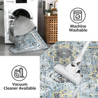 Garvee Boho Blue 5x7 Washable Rug, Oriental Vintage Non Slip Soft Faux Wool Stain Resistant Carpet for Living Room, Bedroom, Officem Soft Faux Wool Stain Resistant Carpet for Office Nursery Dining Room