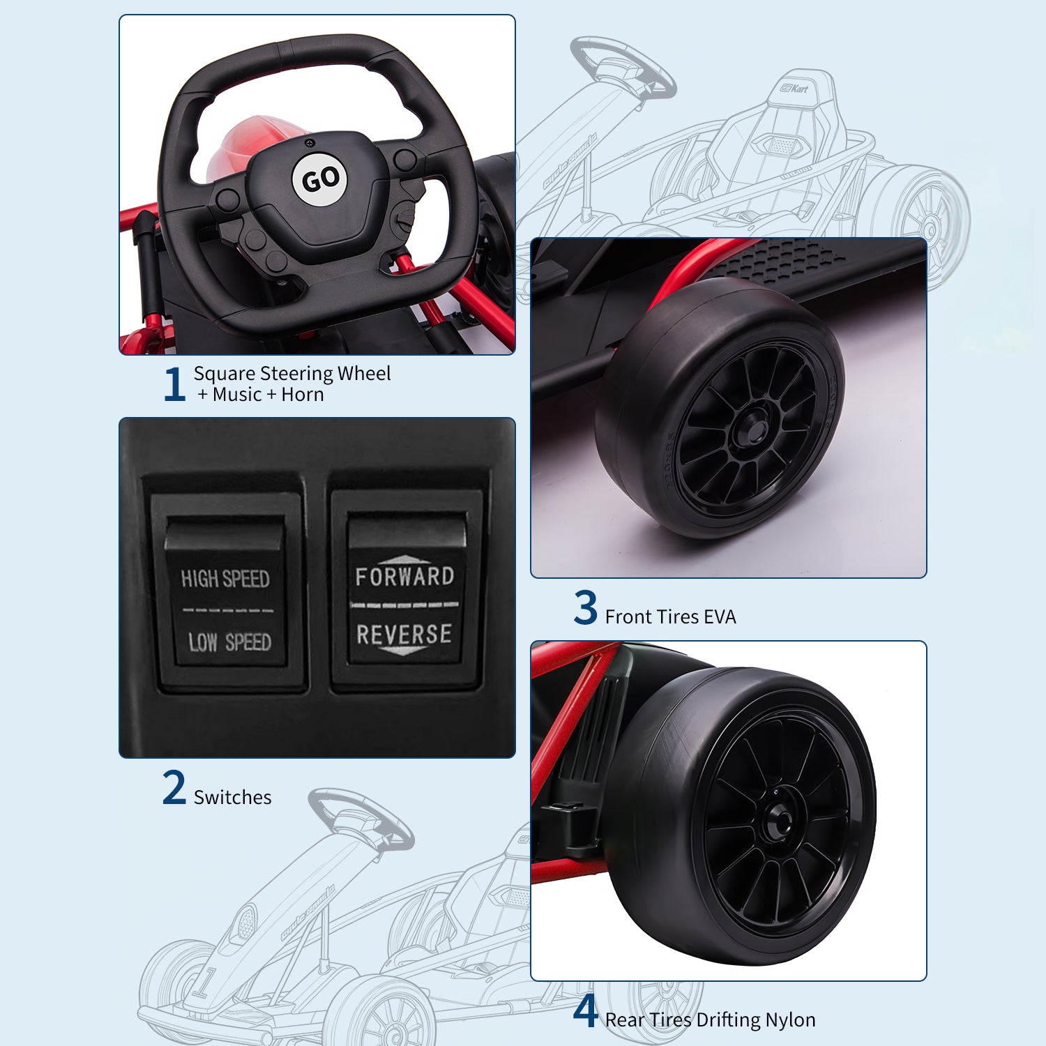 Garvee Ride G Series 24V Go Kart for Kids 8-12, 300W*2 Motors, 9Ah Battery, 8MPH Speed, Music, Horn, 175lbs Max Load - Red