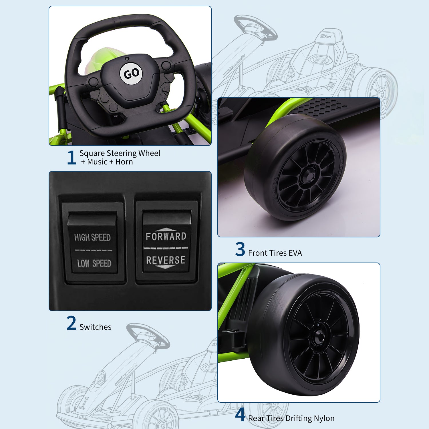 Garvee Ride G Series 24V Go Kart for Kids 8-12, 300W*2 Motors, 9Ah Battery, 8MPH Speed, Music, Horn, 175lbs Max Load - Green