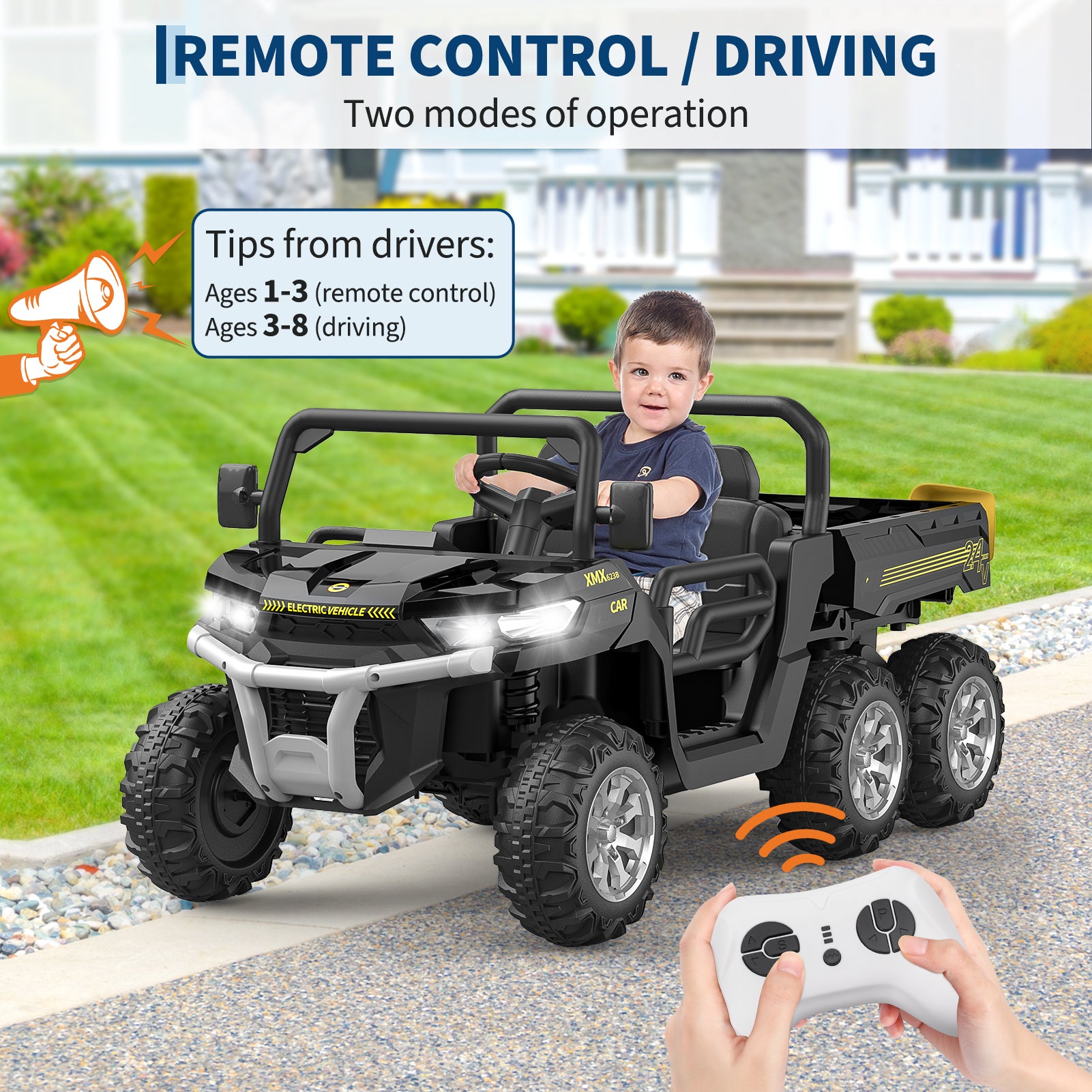 Garvee Ride - P Series: 2-Seater Ride on Car,6X6 24V Kids Ride On Dump Truck with Remote Control Electric Utility Vehicles UTV Battery Powered 6 Wheeler, for 3 years and up - Black