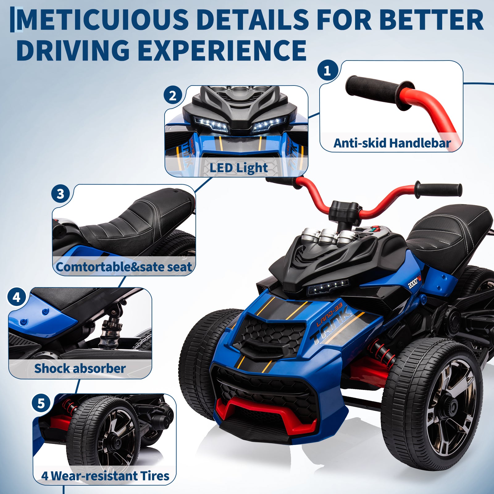 Garvee 12V Kids Ride on Toy for Kids, 2x55W Powerful Engine 7AH Battery, 3 - 7 km/H, 3 Wheelers Electric Vehicle, LED Lights, 2 Speeds, EVA Tire, Music, USB - Blue