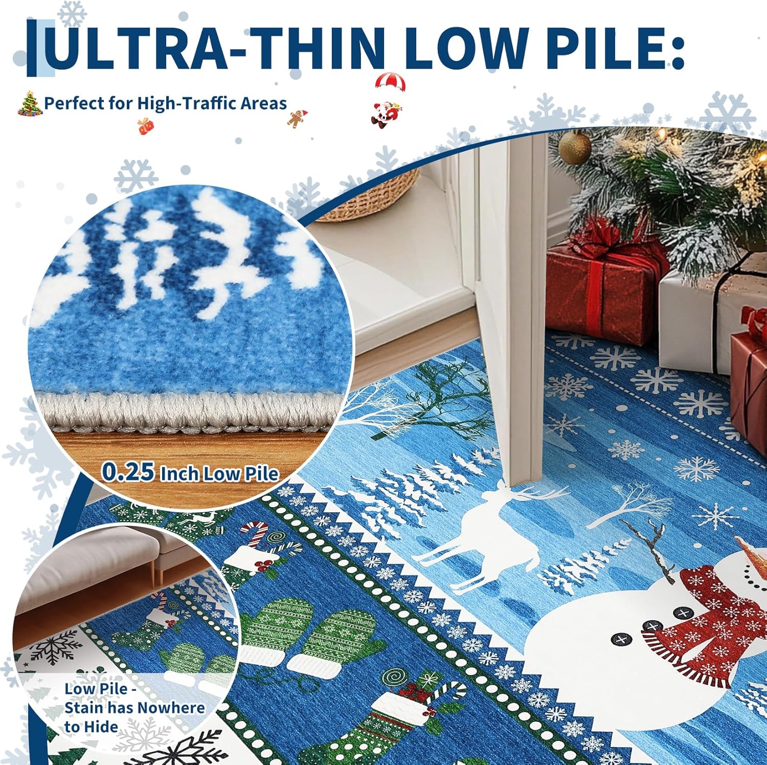 Garvee Blue 9x12 Washable Area Rug Christmas Living Room Rugs Non Slip Snowman Large Bedroom Carpet Xmas Festival Soft Stain Resistant Throw Carpet Indoor for Nursery Kids Room
