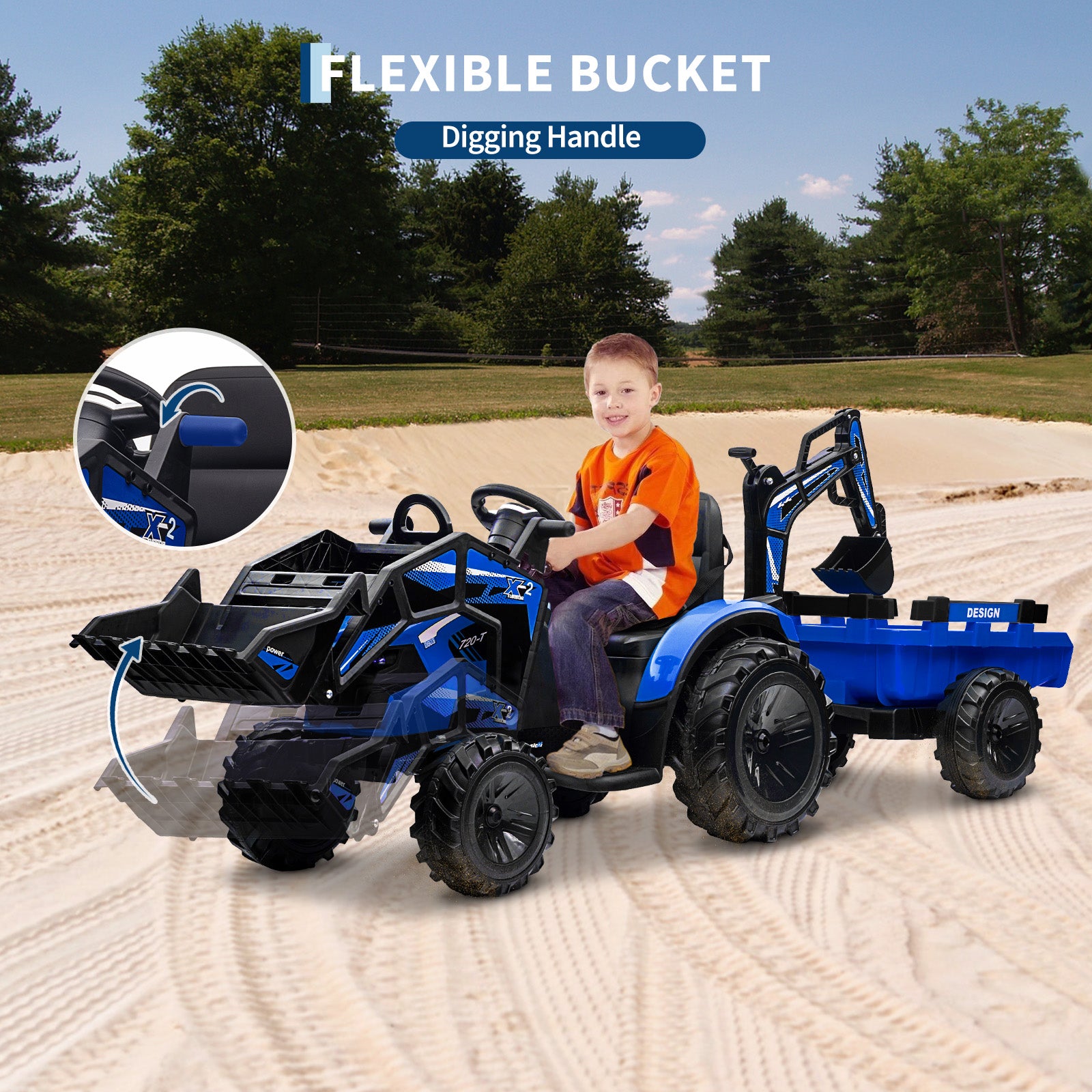 Garvee Ride P Series 3-in-1 Ride-On Tractor, 24V Electric, Excavator & Bulldozer, Remote Control, LED, Music, USB/Bluetooth max 66 lbs - Bright-blue