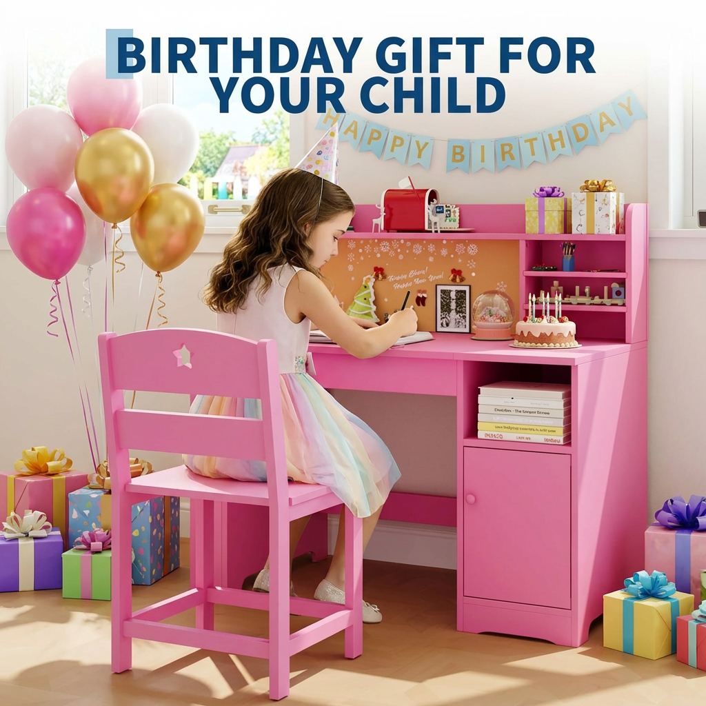 Garvee Ergonomic Kids Study Table and Chair Set with Tiltable Desktop and Storage Cabinet, Pink
